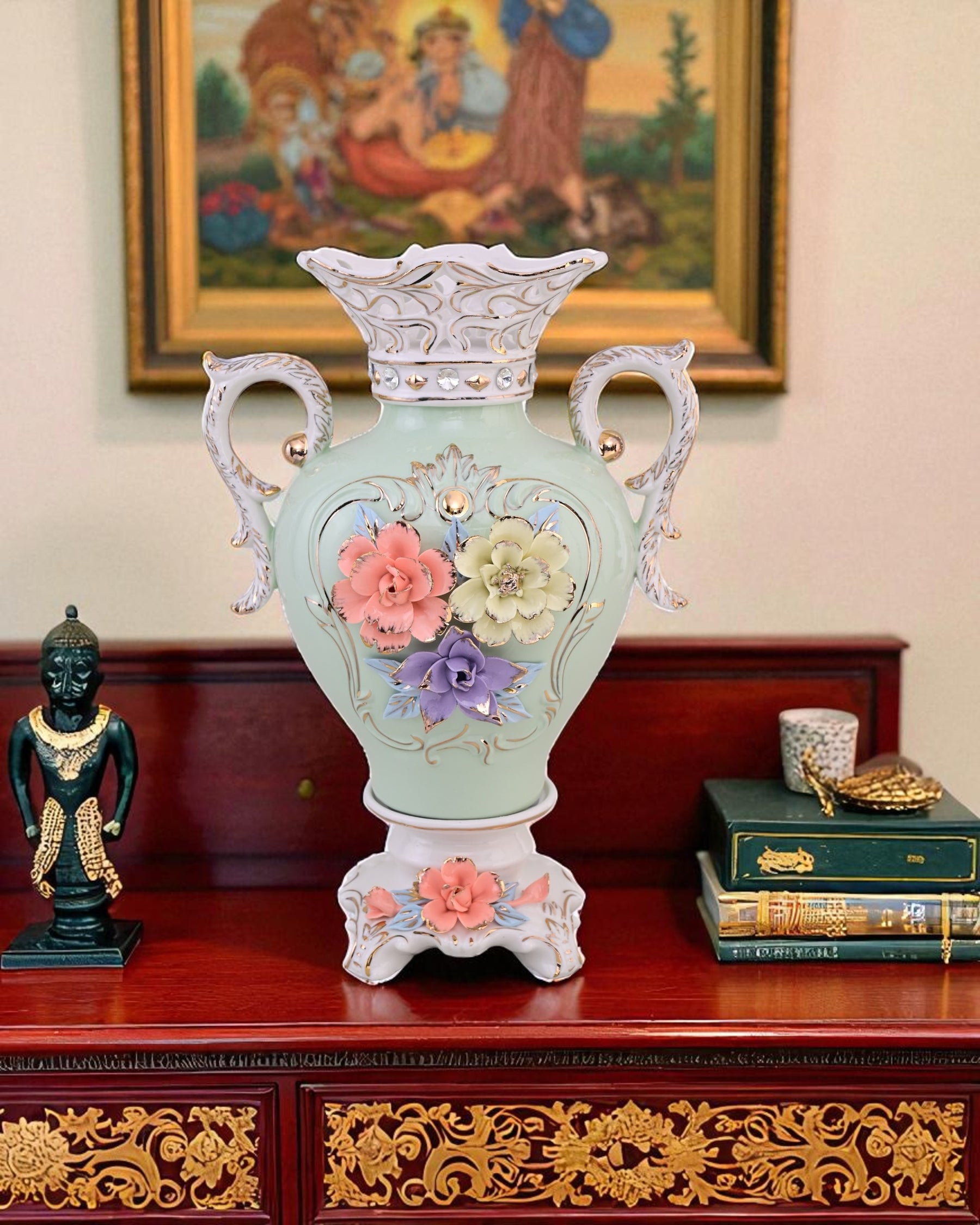 Vintage Floral Porcelain Vase with Handles - Sky Blue