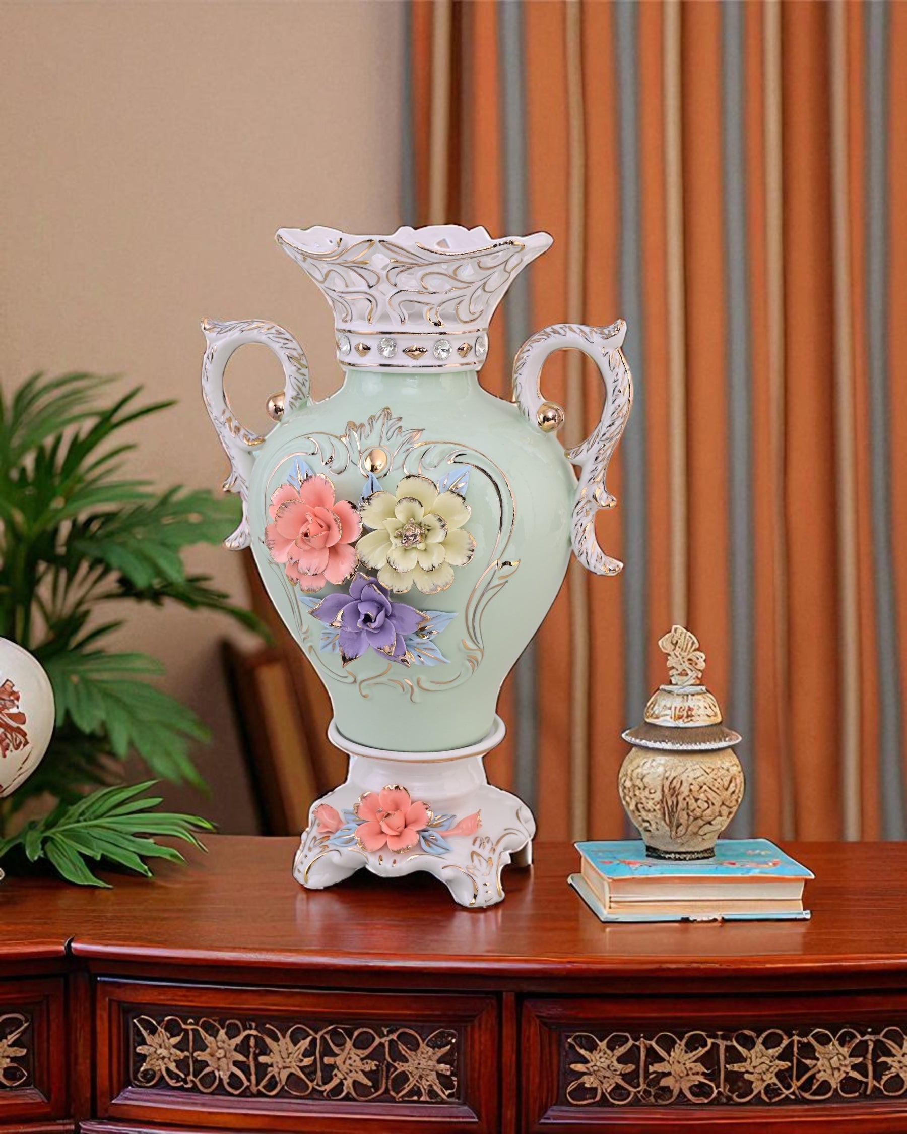 Vintage Floral Porcelain Vase with Handles - Sky Blue
