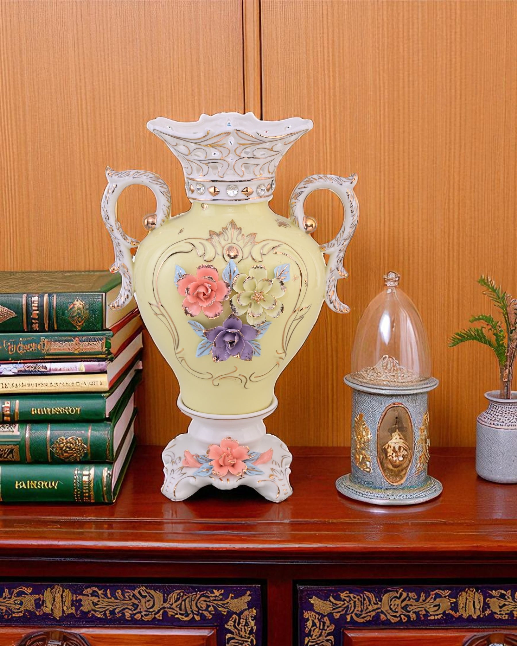 Vintage Floral Porcelain Vase with Handles - Yellow