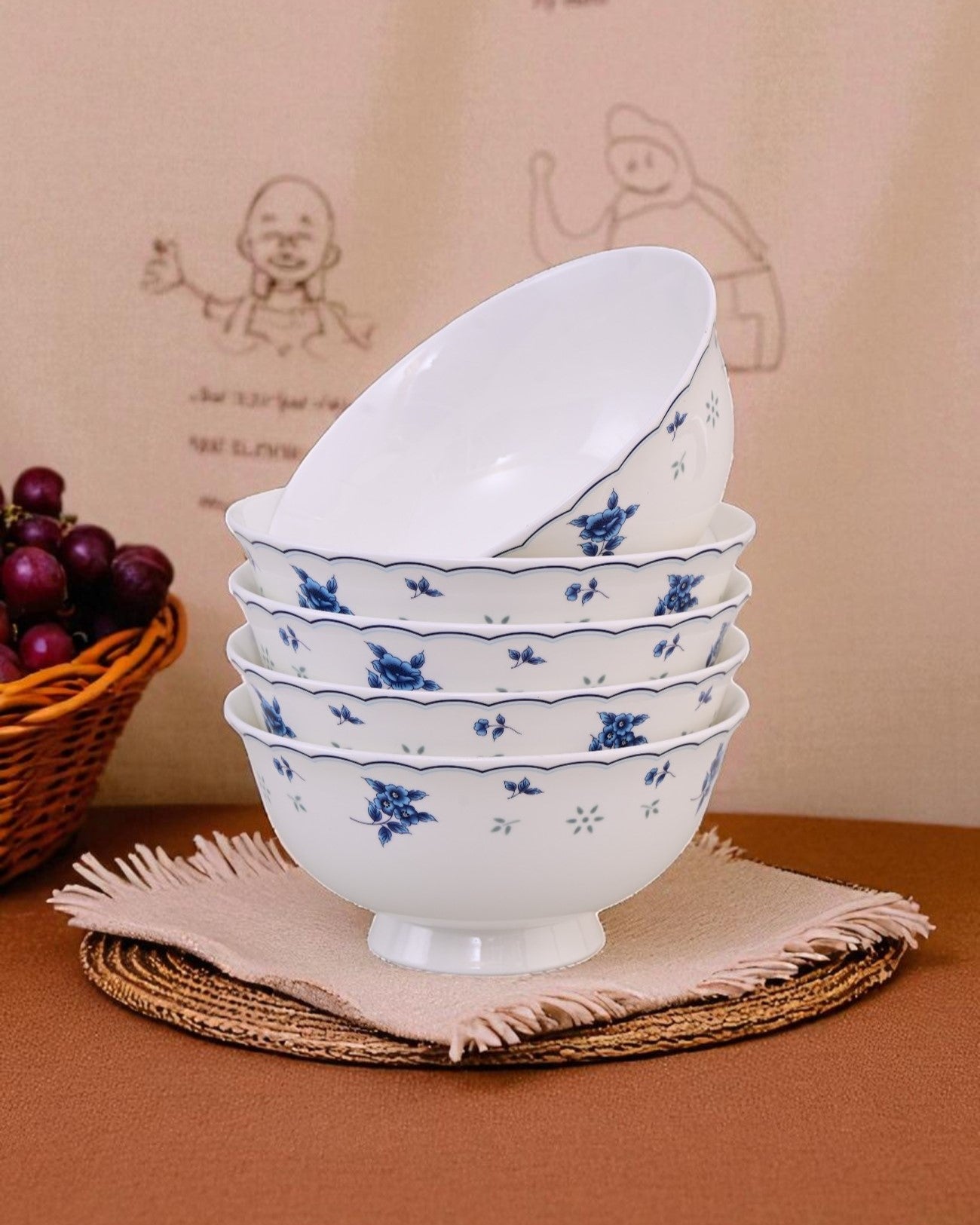 Blue Petal Elegance Ceramic Katori - Set Of 6
