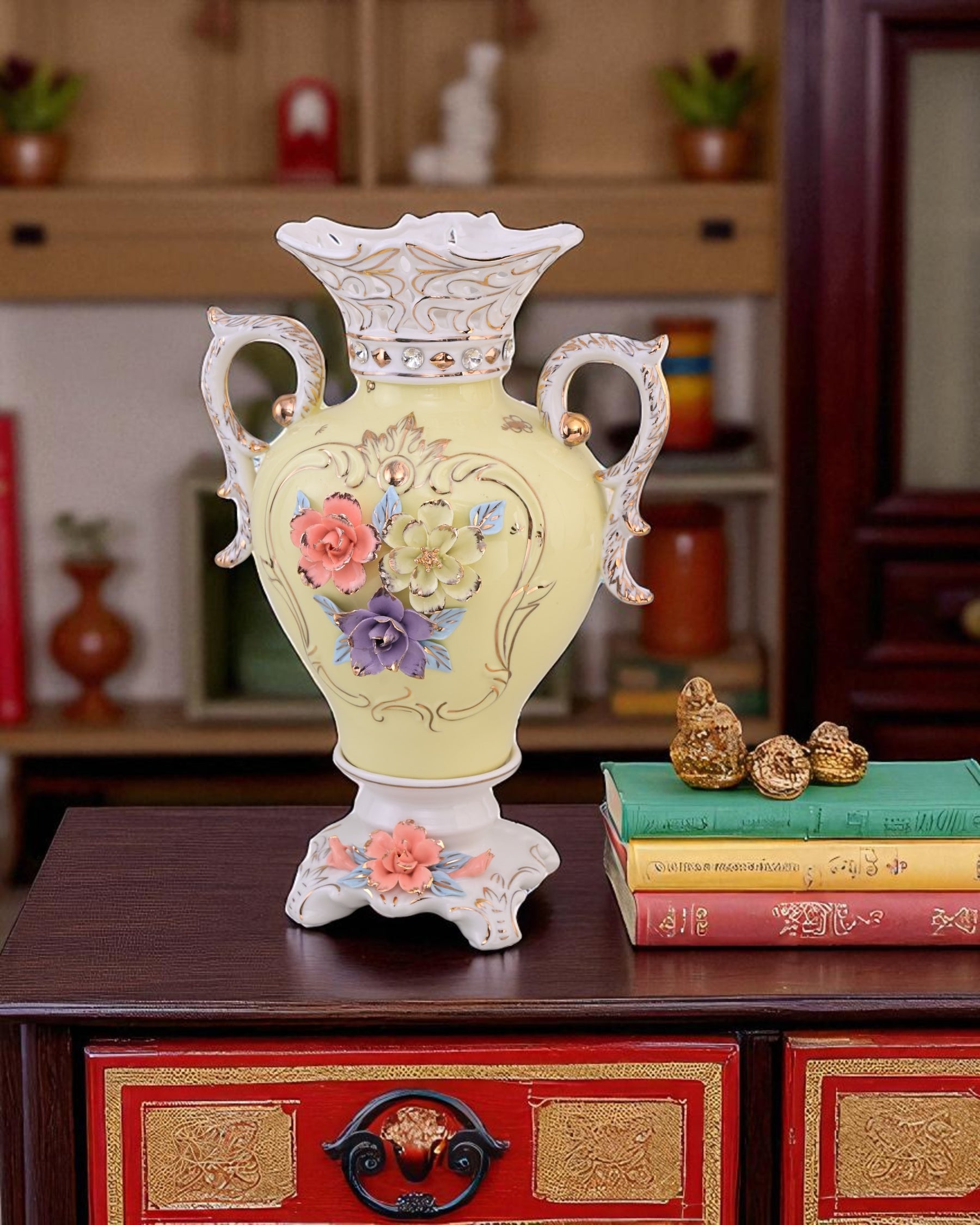 Vintage Floral Porcelain Vase with Handles - Yellow