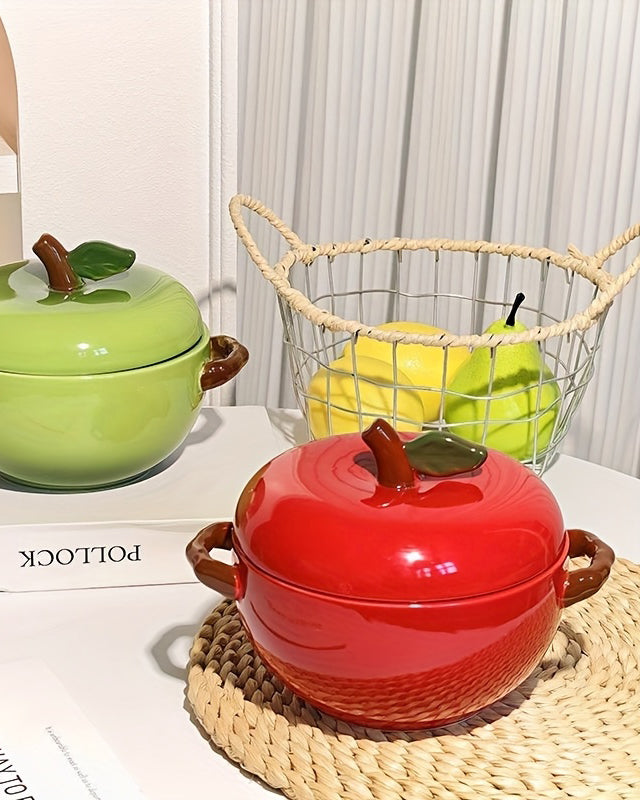 Tomato Shaped Ceramic Stew Bowl with Lid - Red