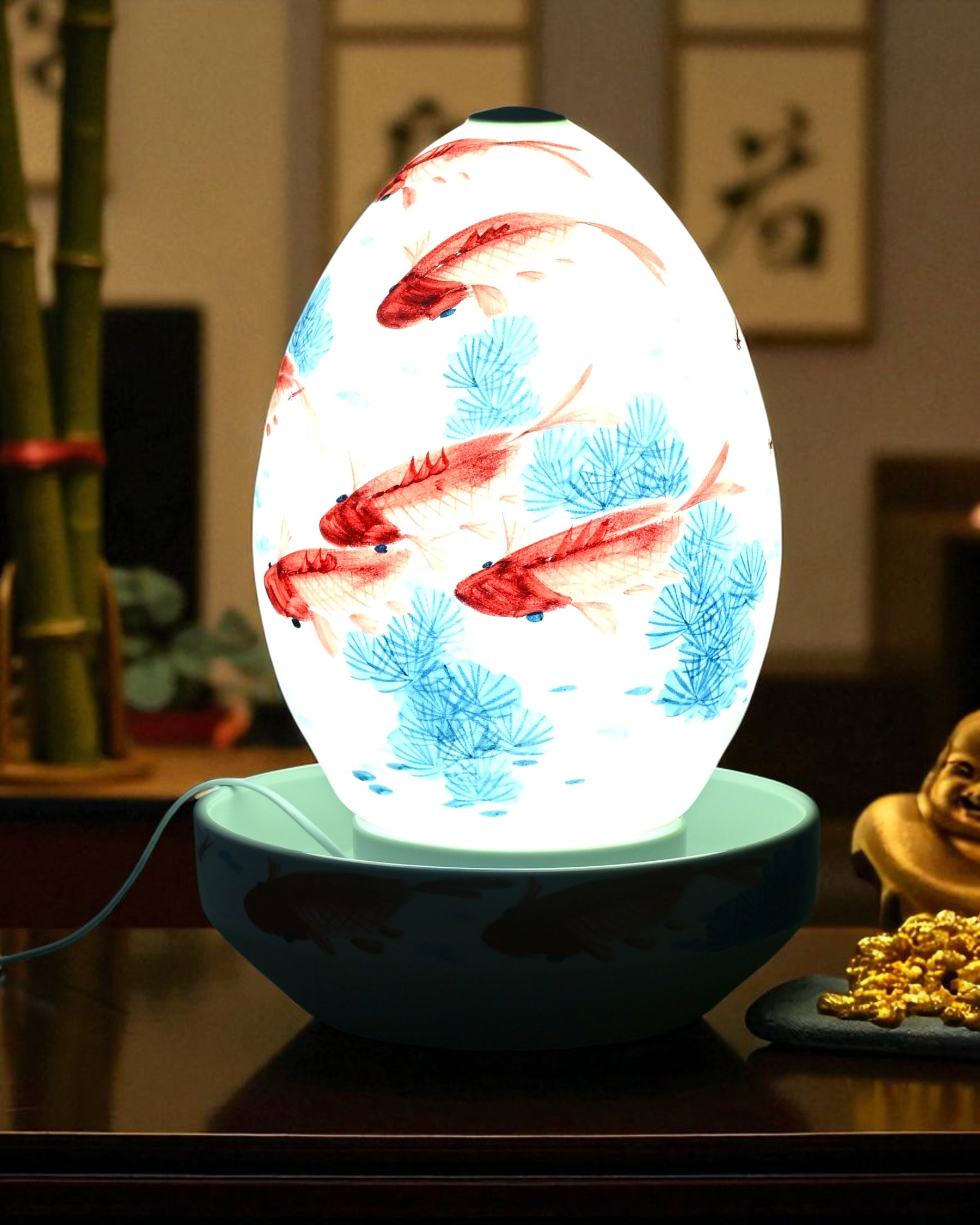 Koi Fish Serenity Ceramic Fountain Lamp