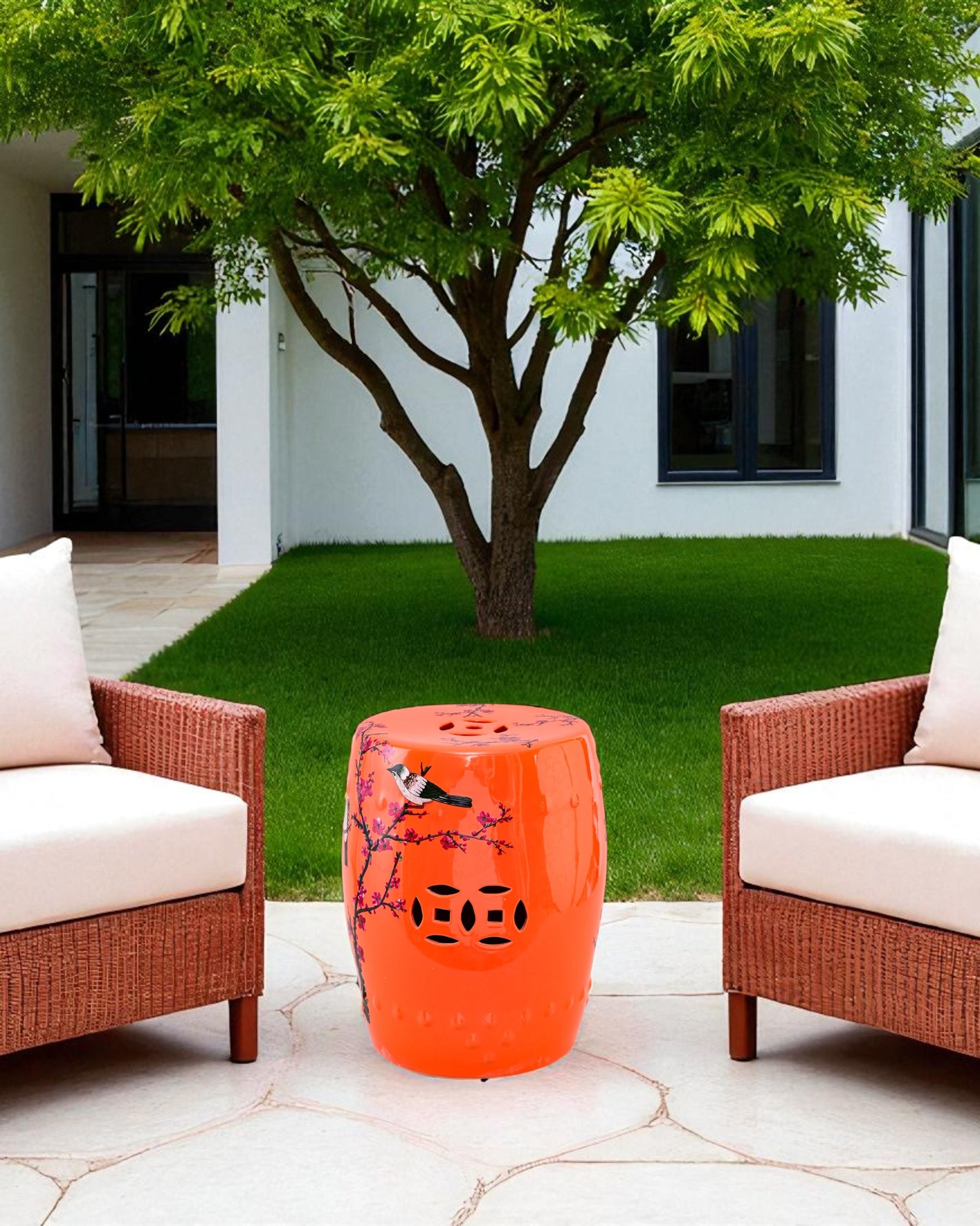 Tangerine Blossom Bird Garden Stool