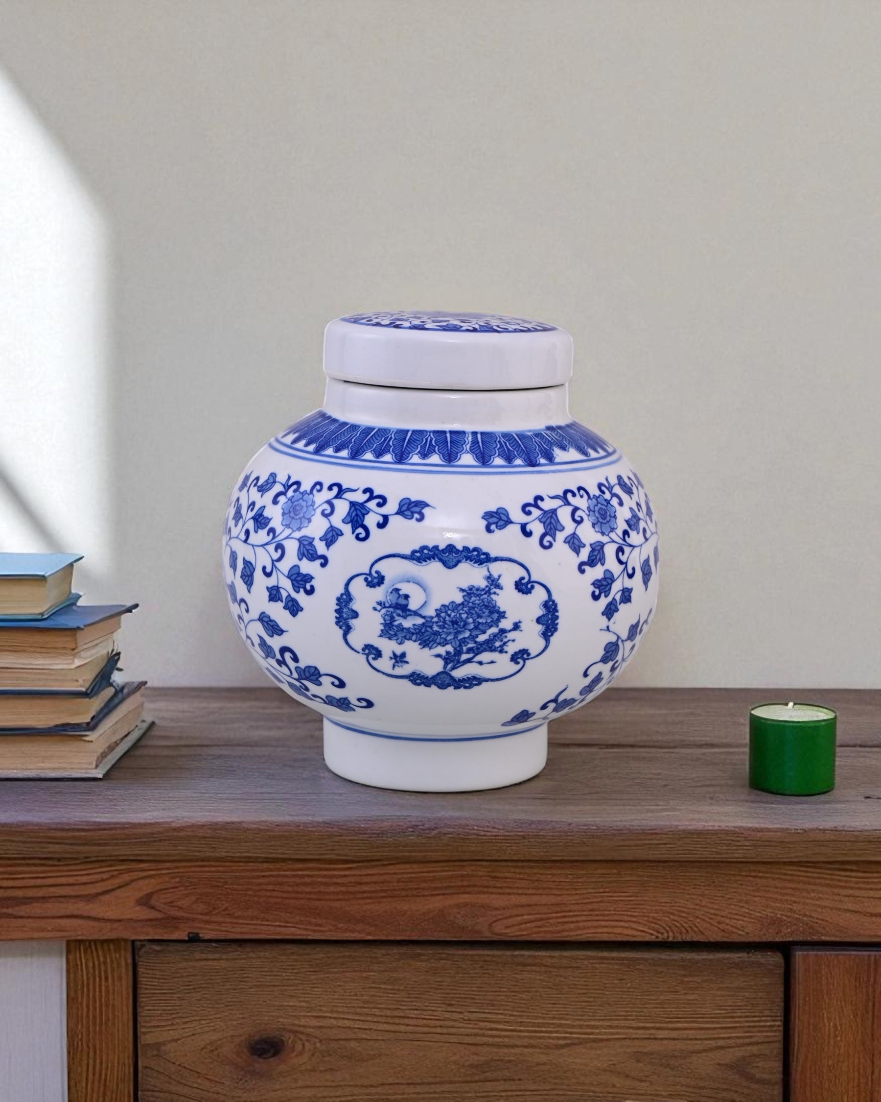 Blue Floral Porcelain Storage Jar with Lid