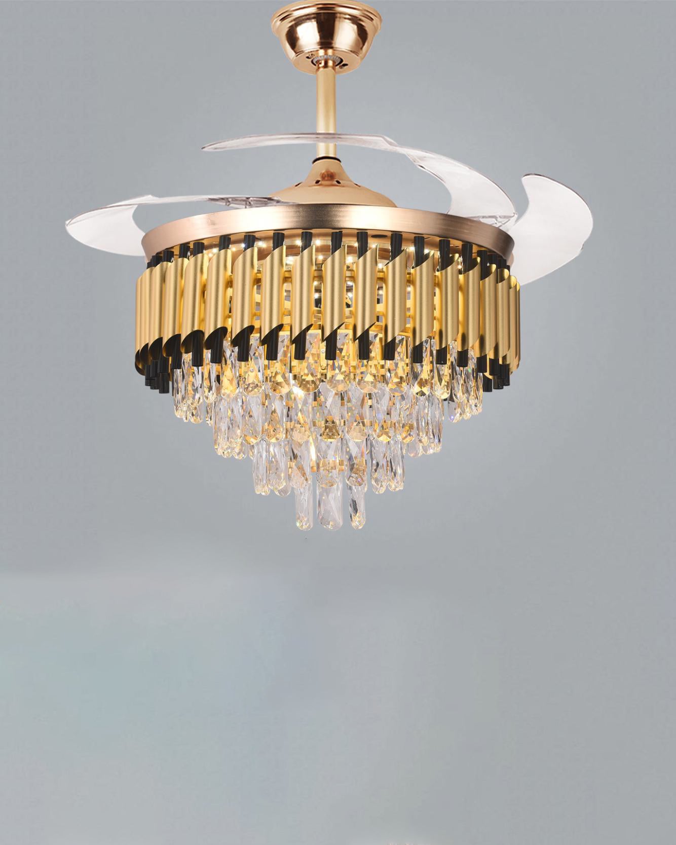 Golden Cascade Crystal Retractable Ceiling Fan + Chandelier Light (with Remote Control)