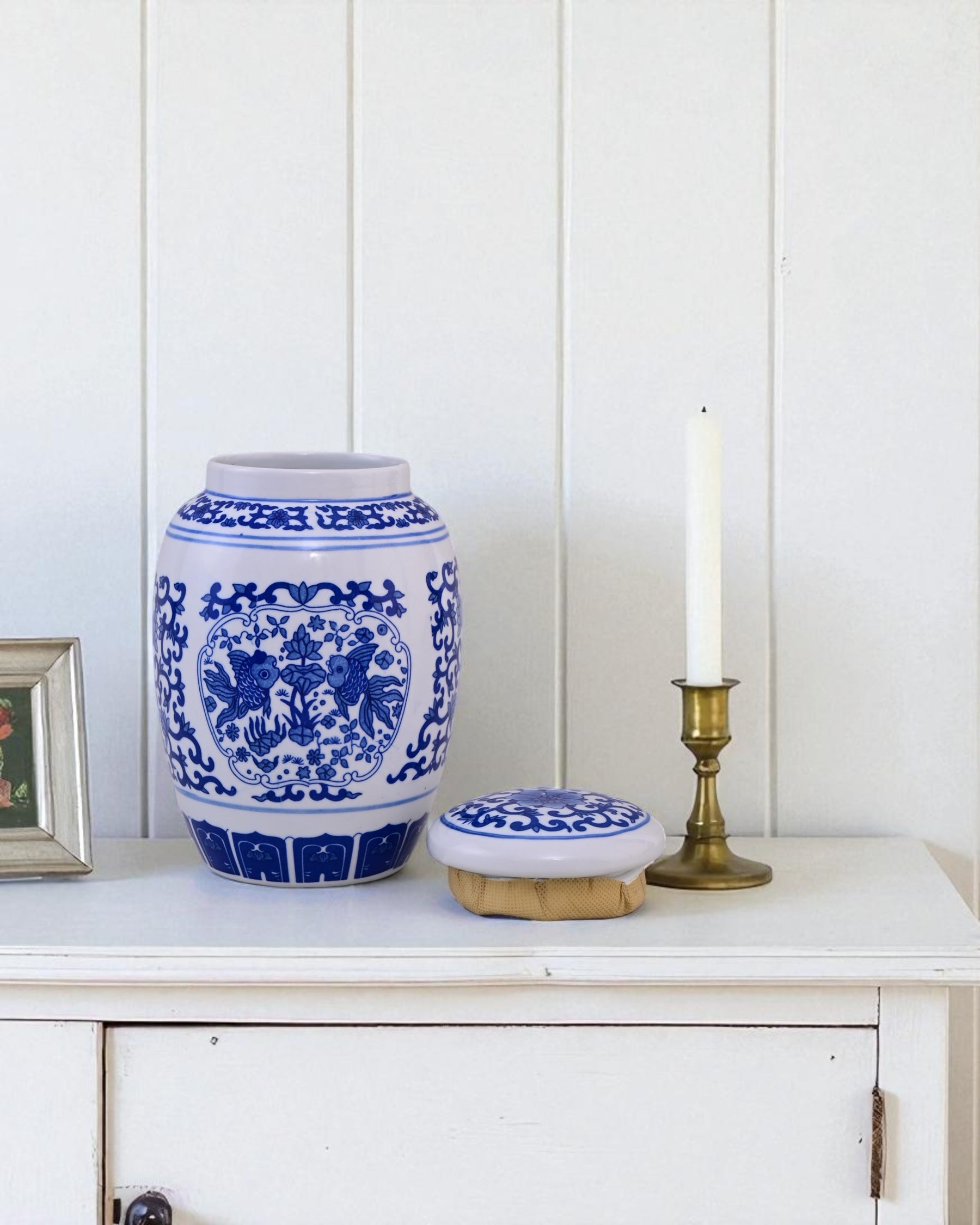 Blue & White Fish Motif Storage Jar