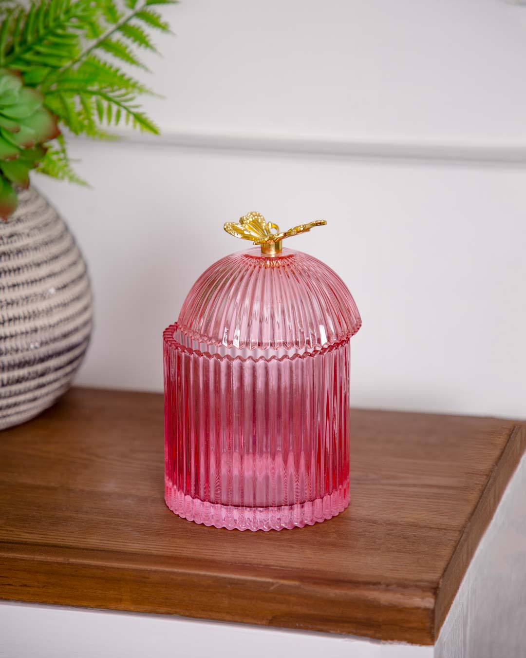 Ruby Ribbed Glass Storage Jar - Pink