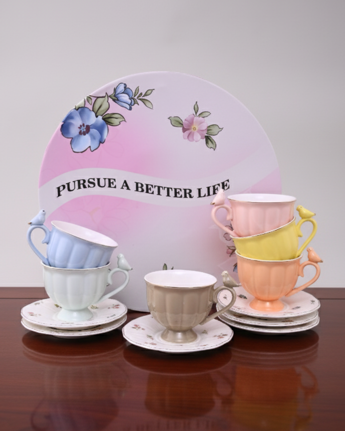 Colorful Sparrow Charm Tea Cup With Saucer - Set Of 6