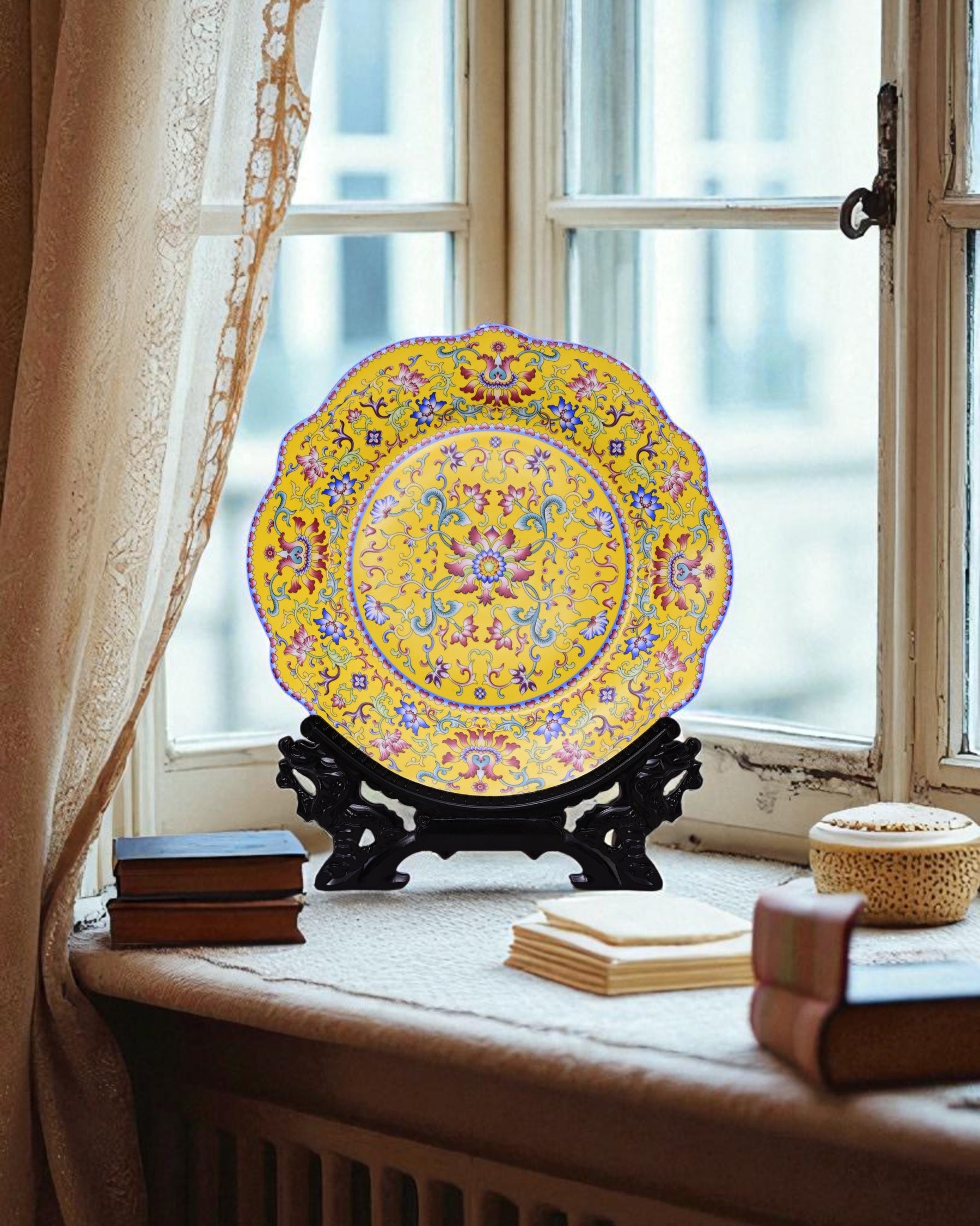Royal Floral Enamel Decorative Plate - Yellow 11"
