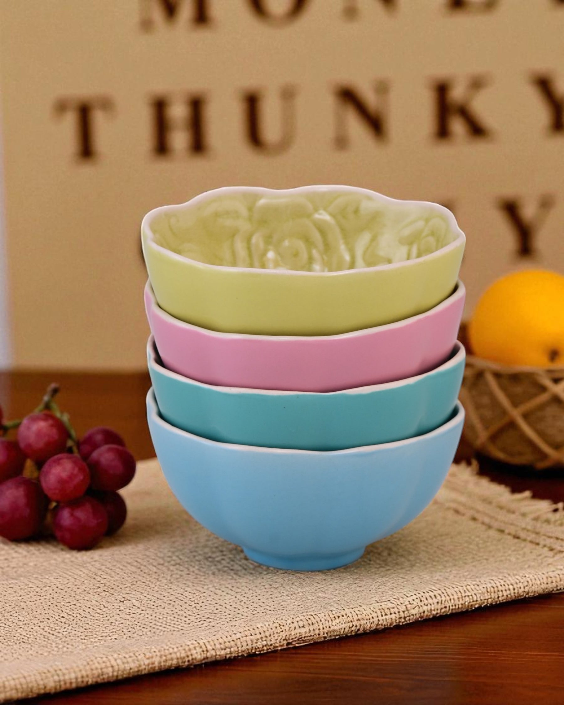 Rosé Bloom Embossed Ceramic Bowl - Set Of 4