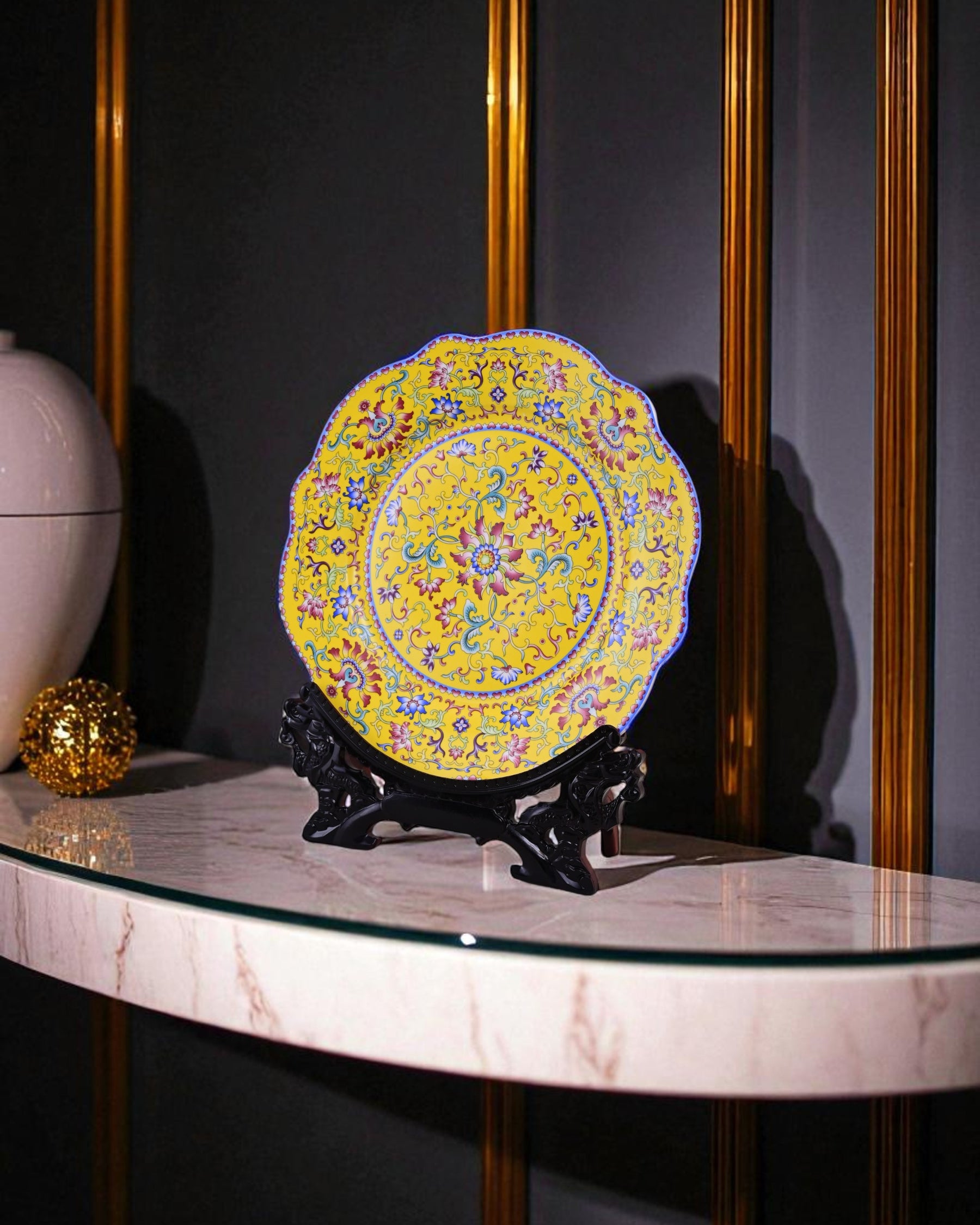 Royal Floral Enamel Decorative Plate - Yellow 11"