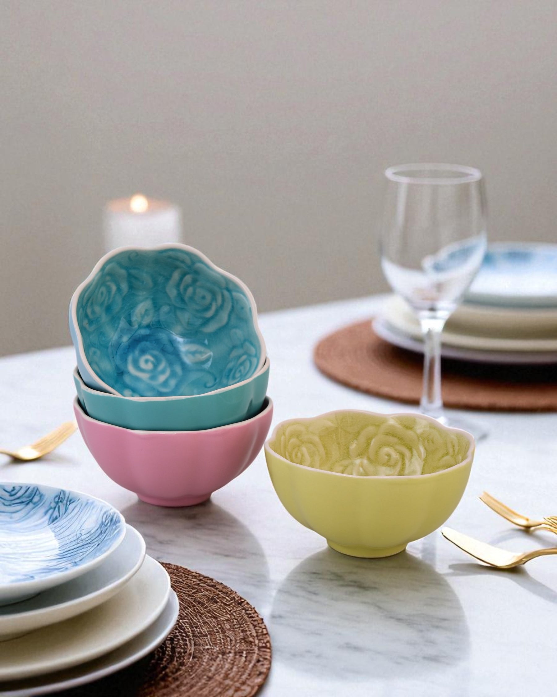 Rosé Bloom Embossed Ceramic Bowl - Set Of 4