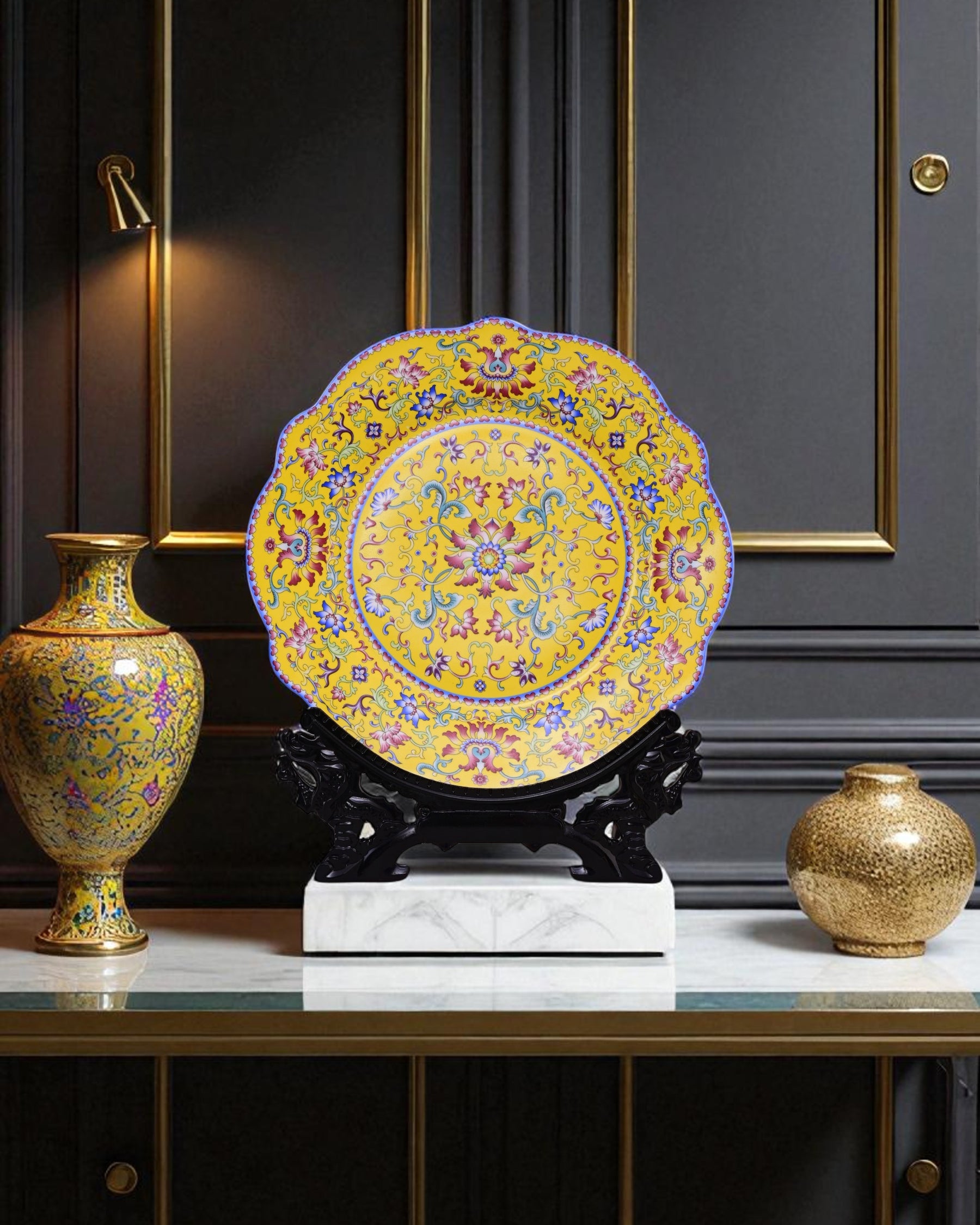 Royal Floral Enamel Decorative Plate - Yellow 11"