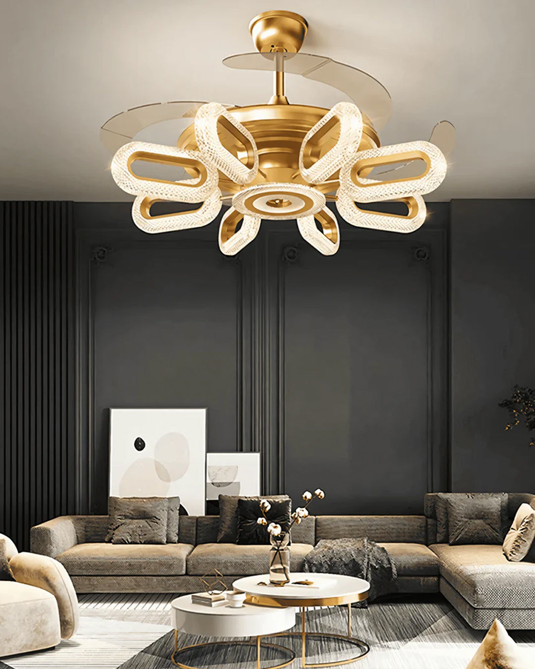 Golden Glide Retractable Ceiling Fan + Chandelier Light (with Remote Control)