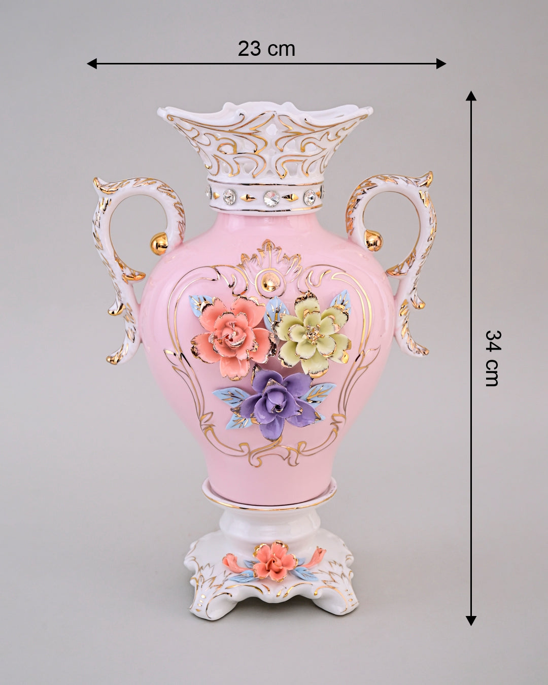 Vintage Floral Porcelain Vase with Handles - Pink
