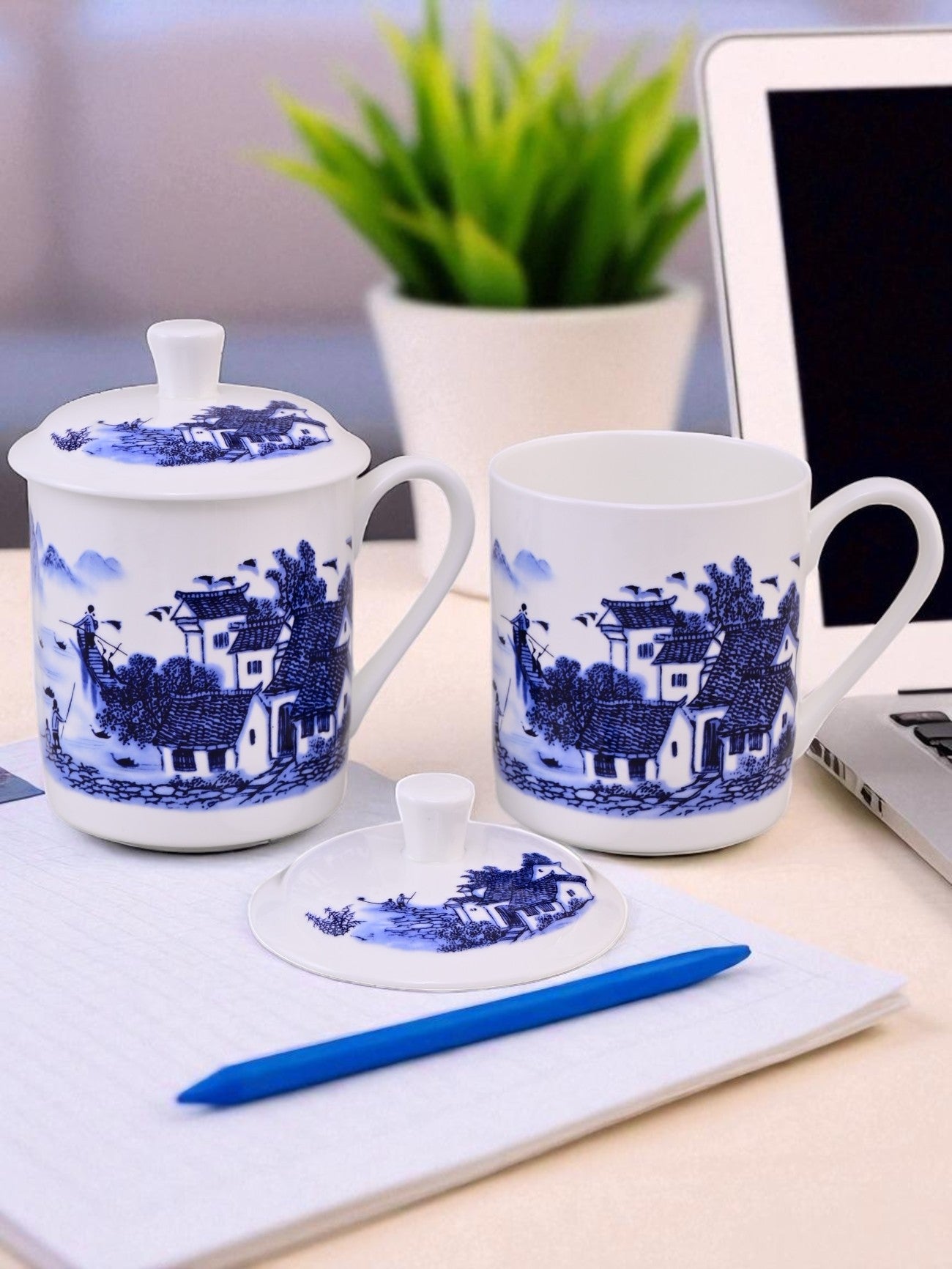 'Blue Cottage' Fine Porcelain Mug