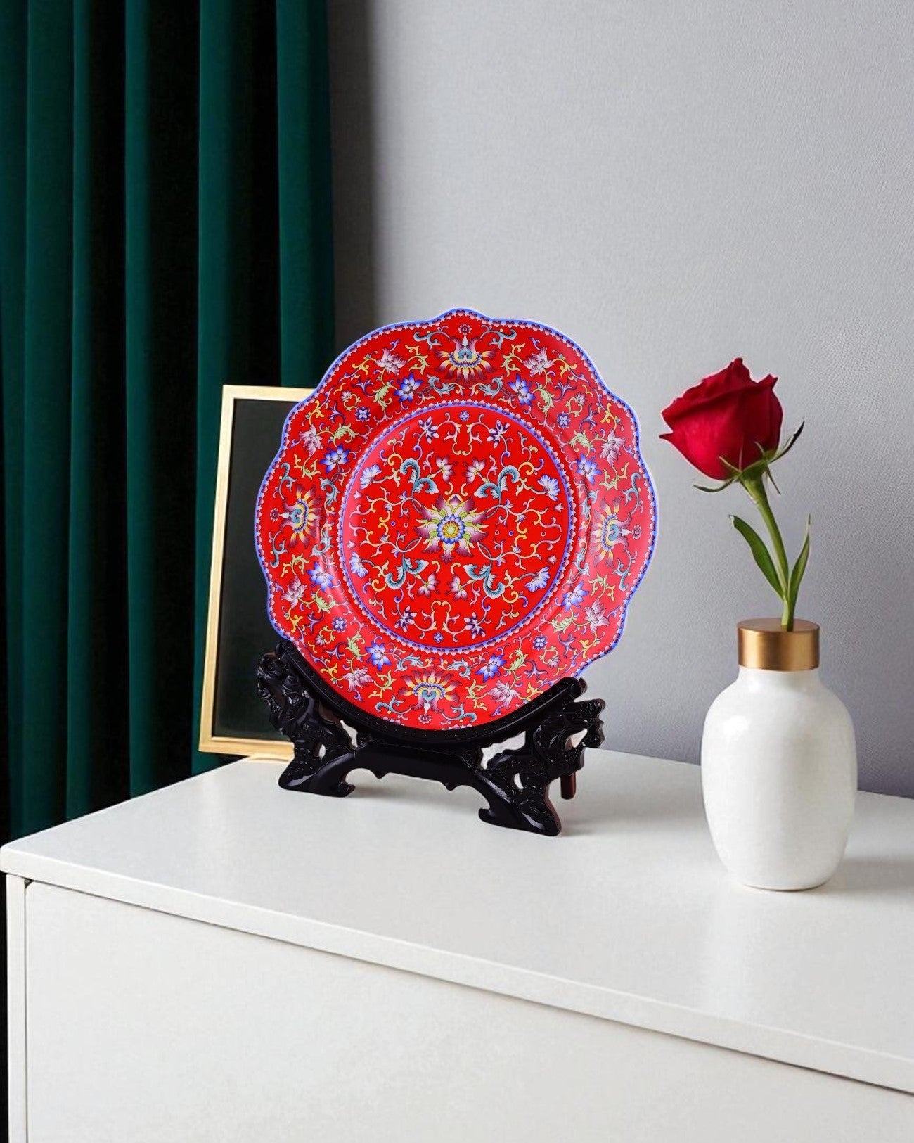 Royal Floral Enamel Decorative Plate - Red 11"