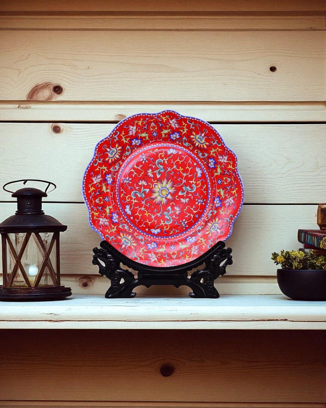 Royal Floral Enamel Decorative Plate - Red 11"