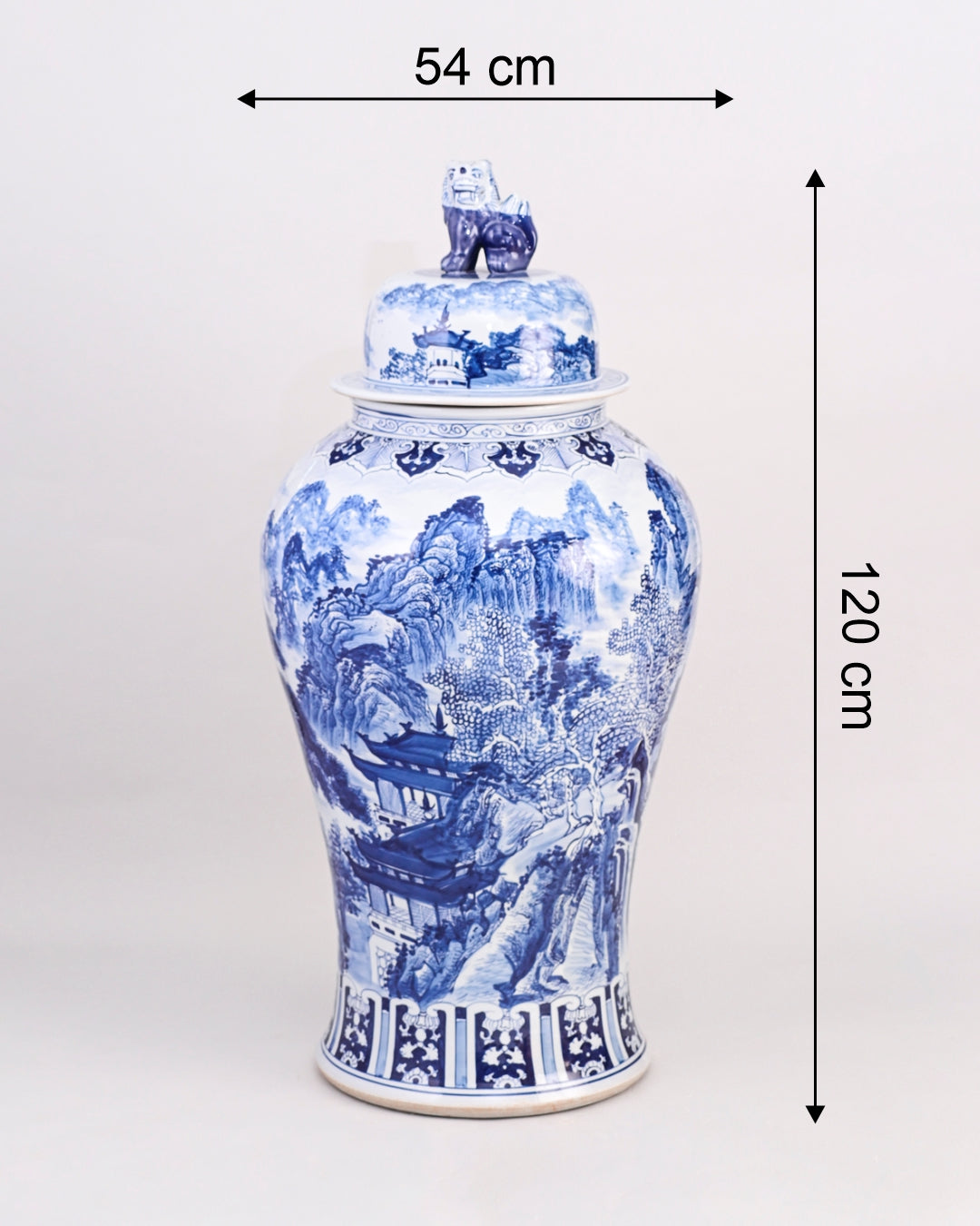 Dynasty Landscape Blue & White Temple Jar With Foo Dog Lid - 120cm
