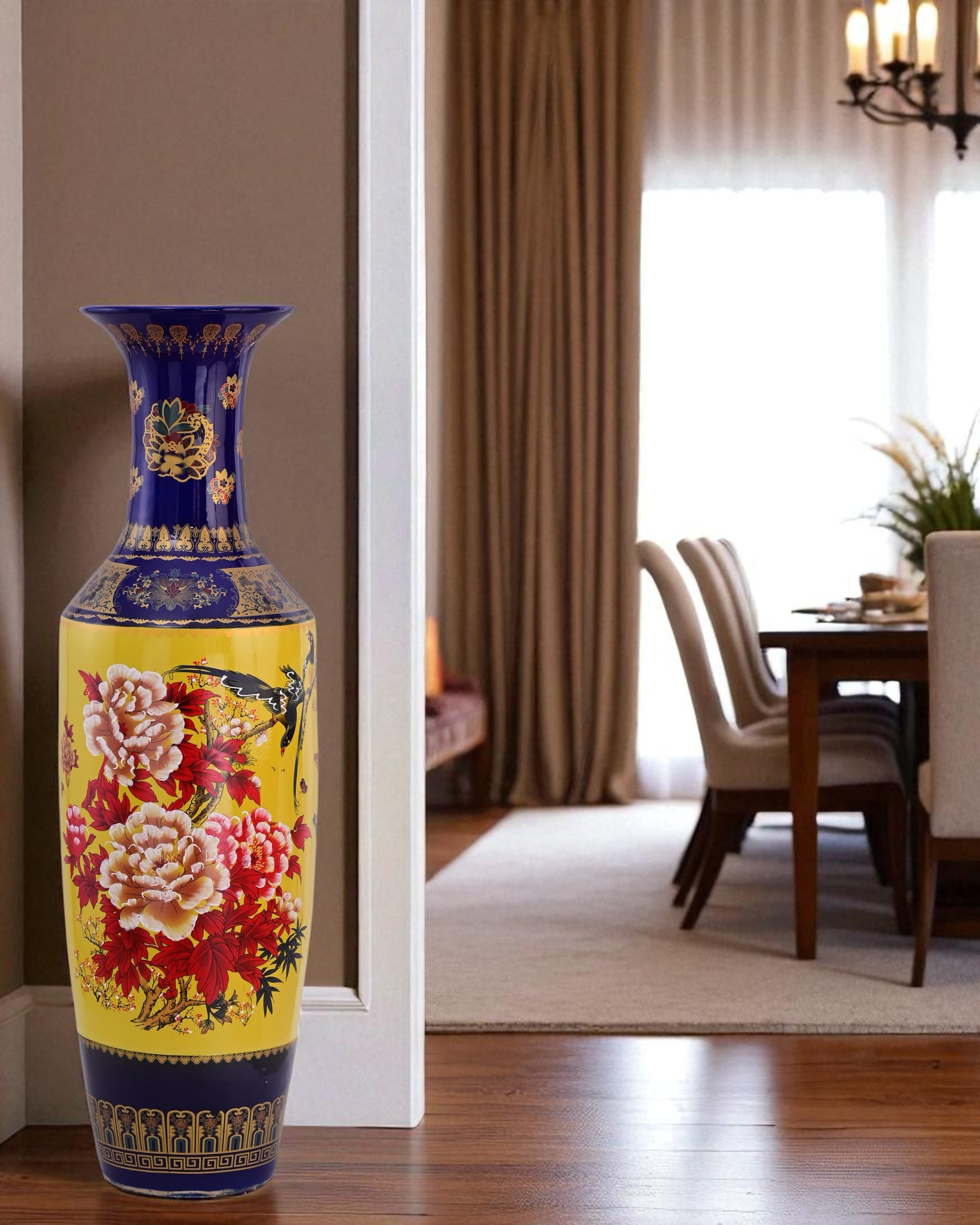 Imperial Peacock & Blossom Tall Floor Vase