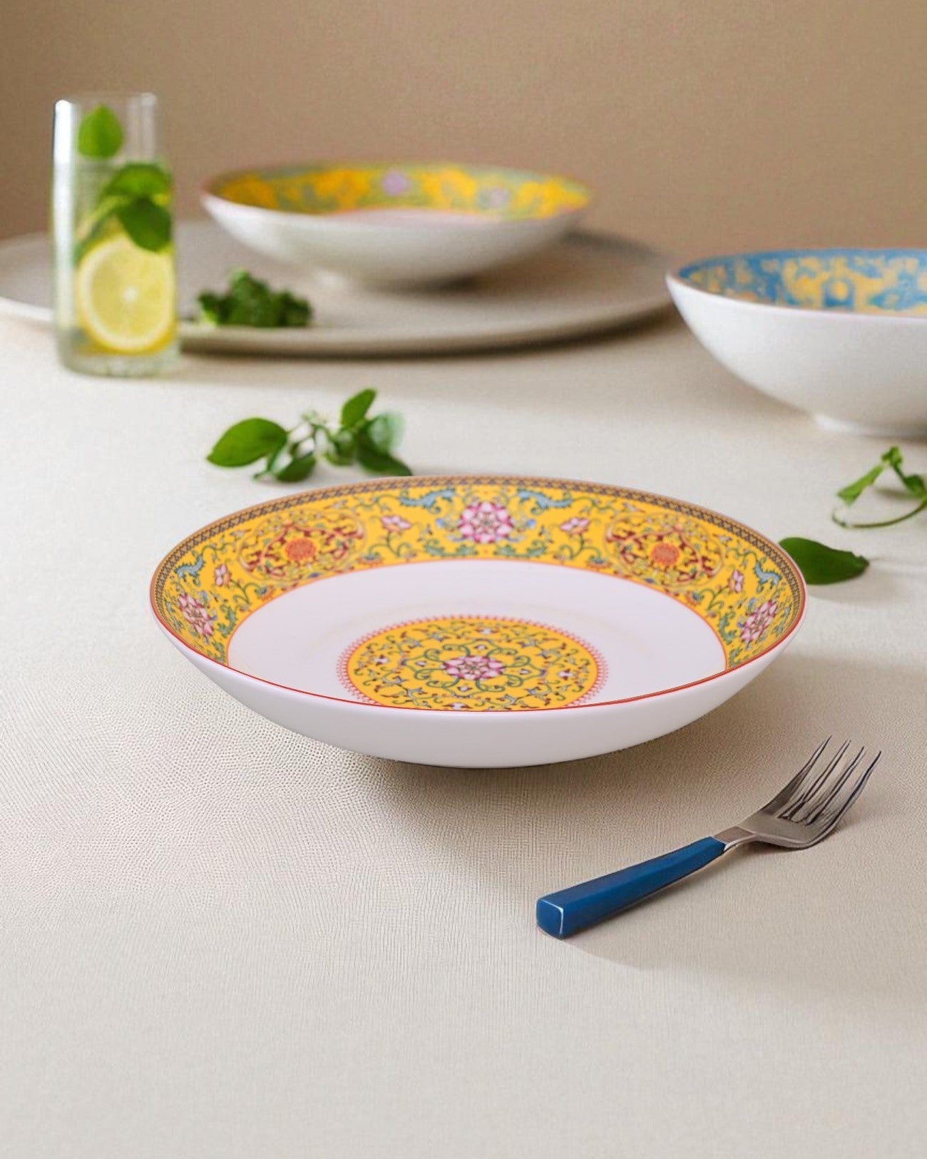 Vintage Floral Charm Pasta Plate - Yellow