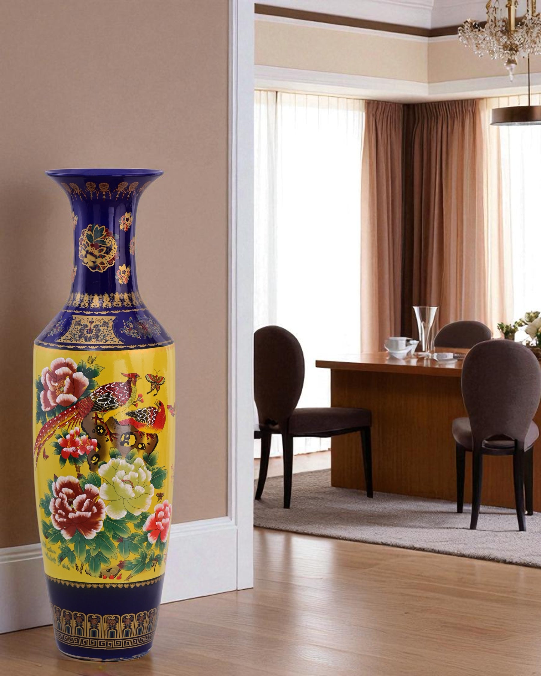 Imperial Peacock & Blossom Tall Floor Vase