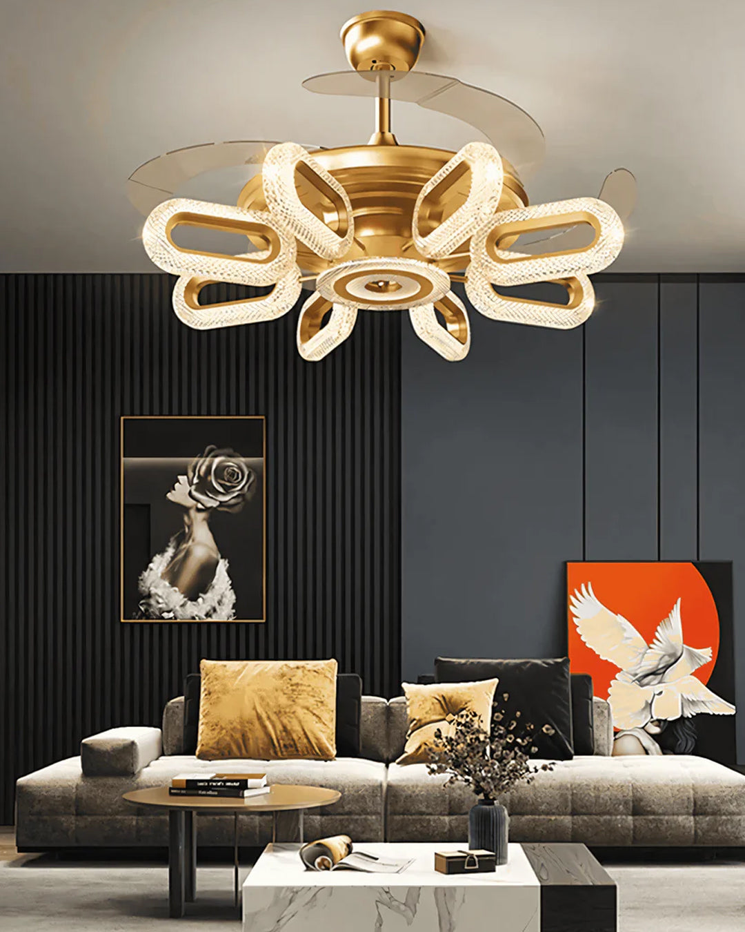 Golden Glide Retractable Ceiling Fan + Chandelier Light (with Remote Control)