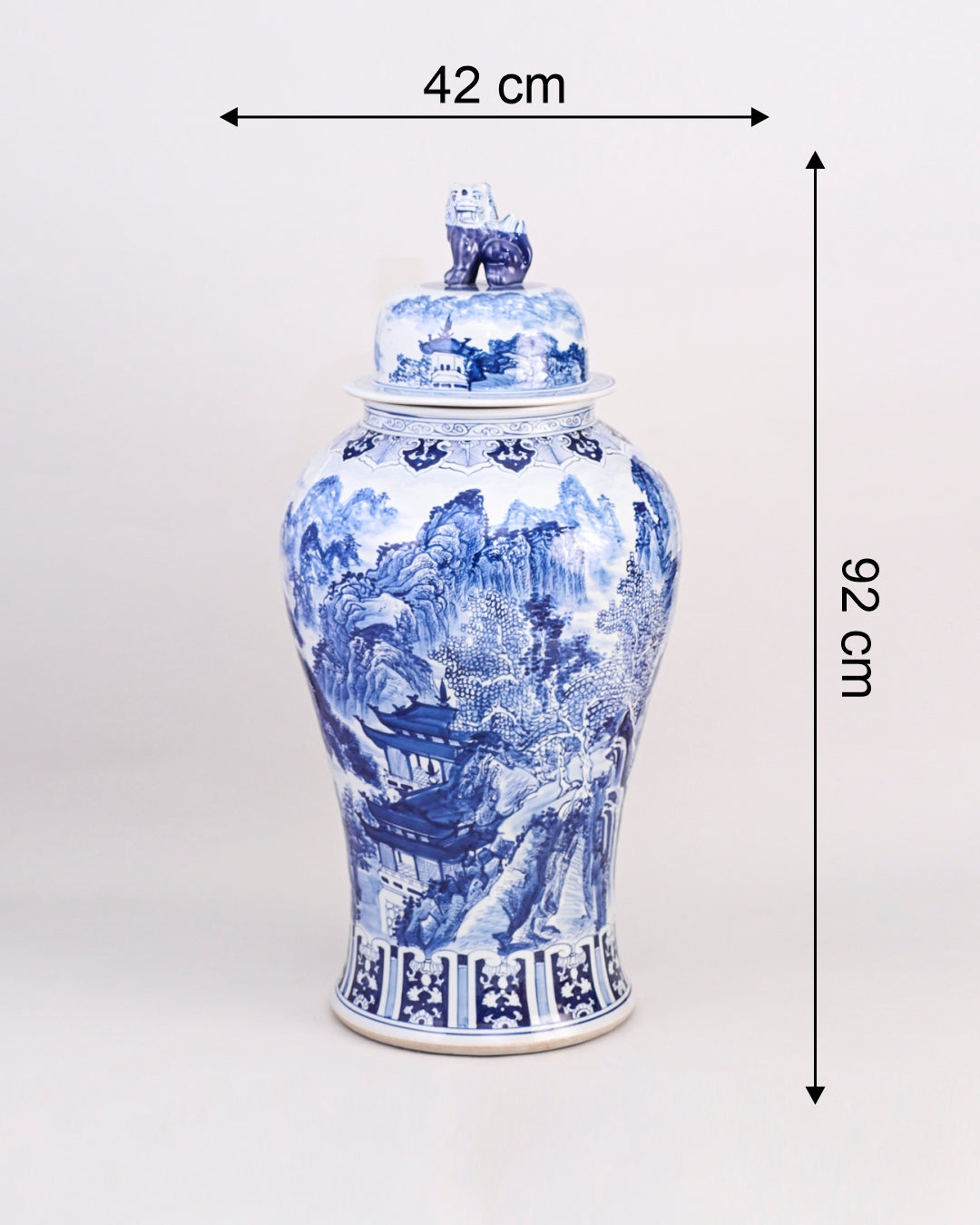 Dynasty Landscape Blue & White Temple Jar With Foo Dog Lid - 92cm