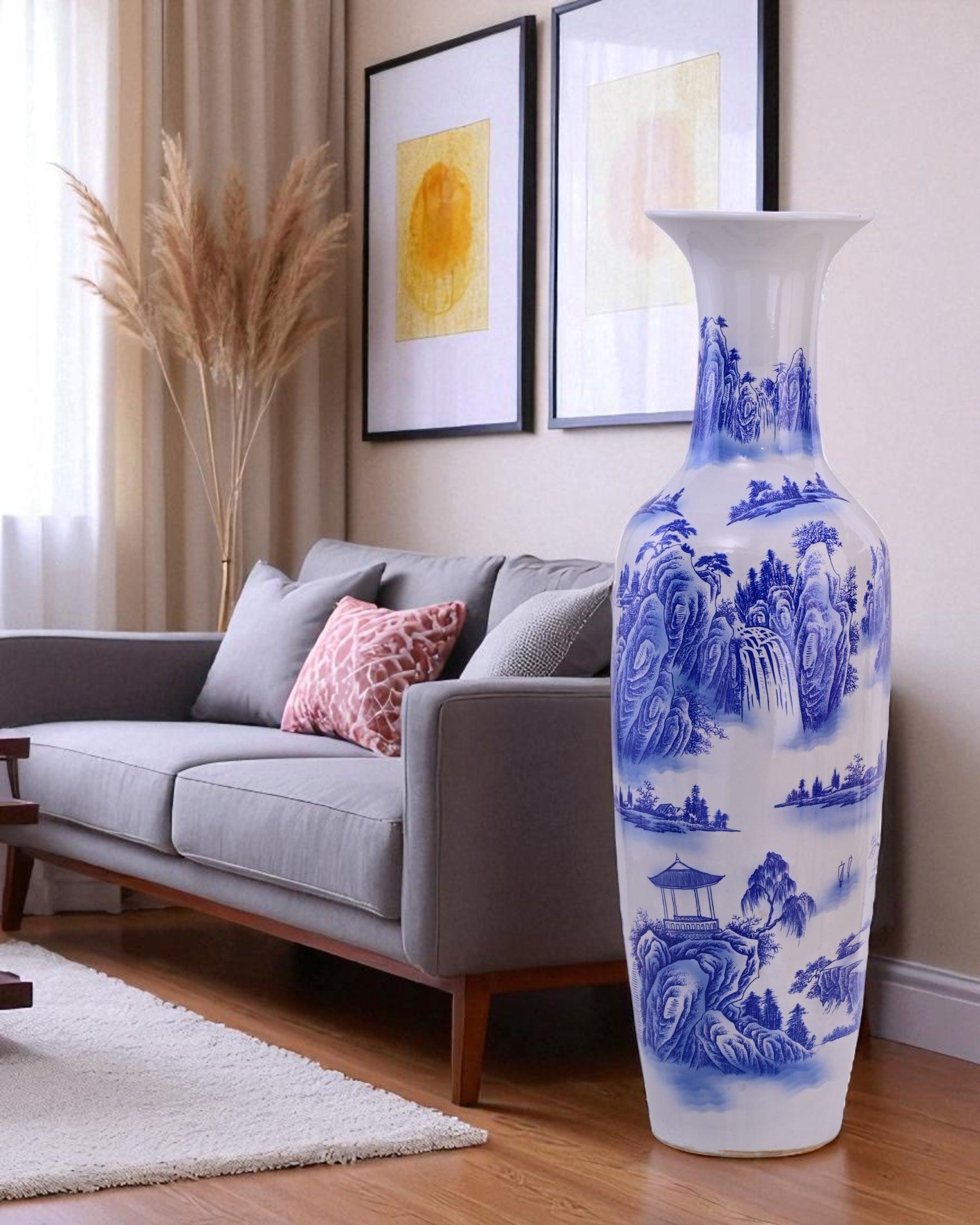 Serene Pavilion Blue & White Tall Floor Vase