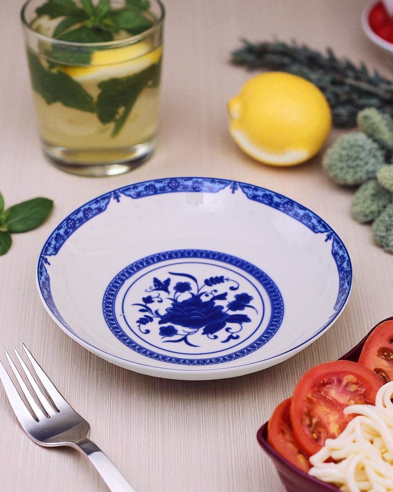 Blue & White Dynasty Ceramic Pasta Plate
