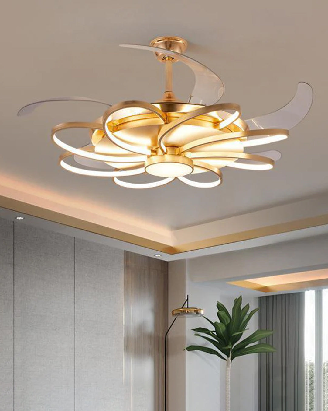 Floraglow Retractable Ceiling Fan + Chandelier Light (with Remote Control)