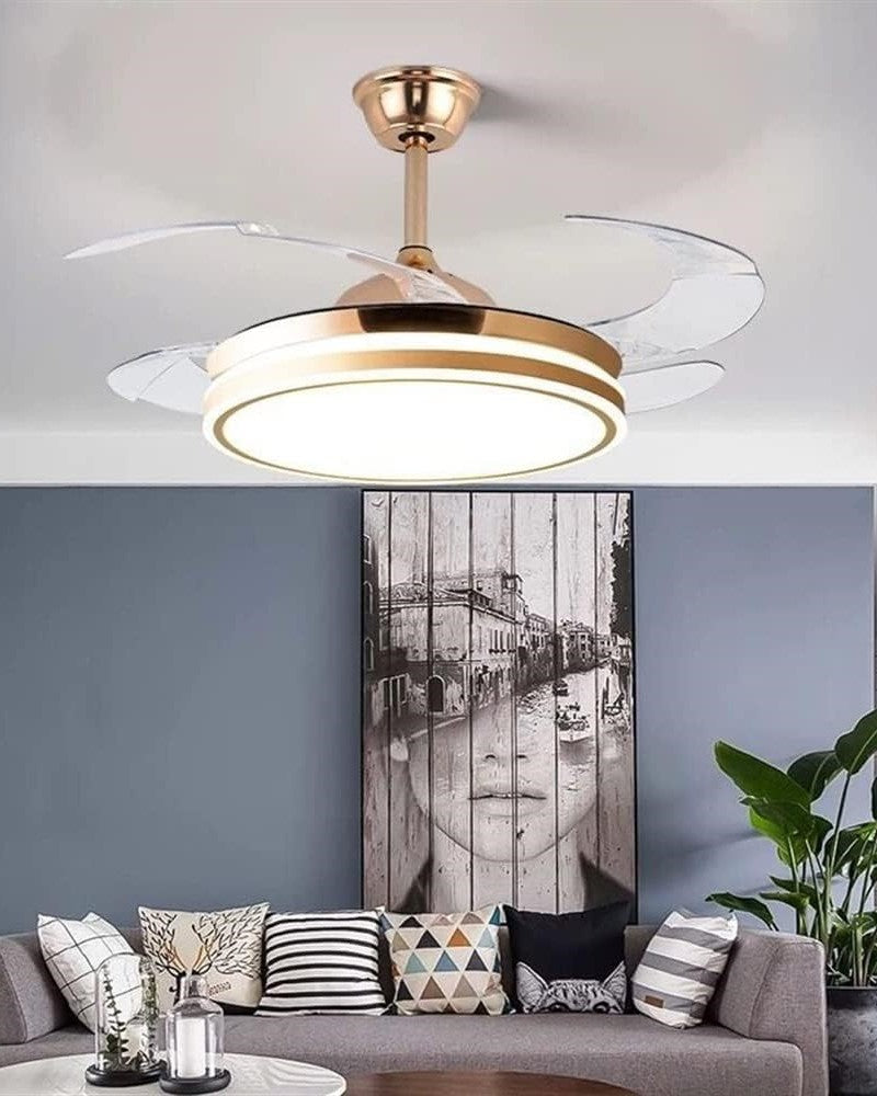 Golden Glow Retractable Ceiling Fan + Chandelier Light (with Remote Control)