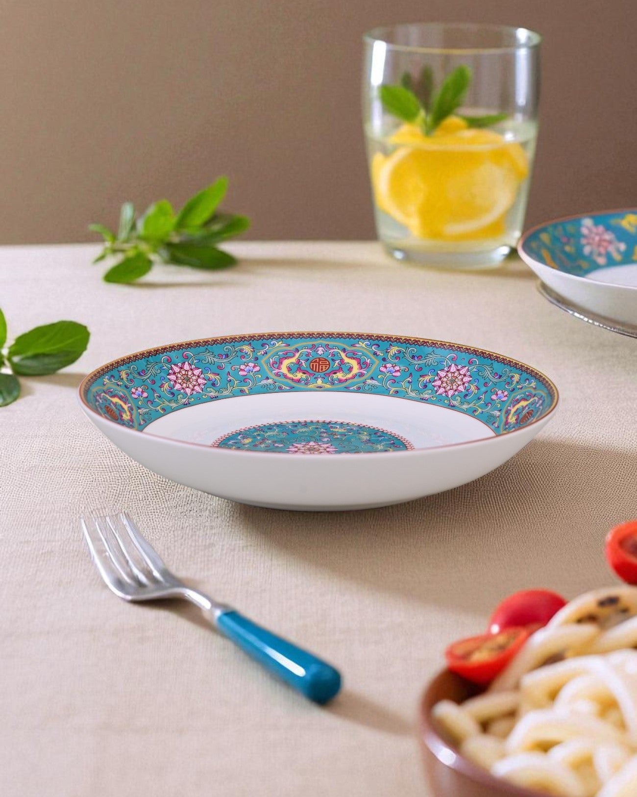 Vintage Floral Charm Pasta Plate - Blue