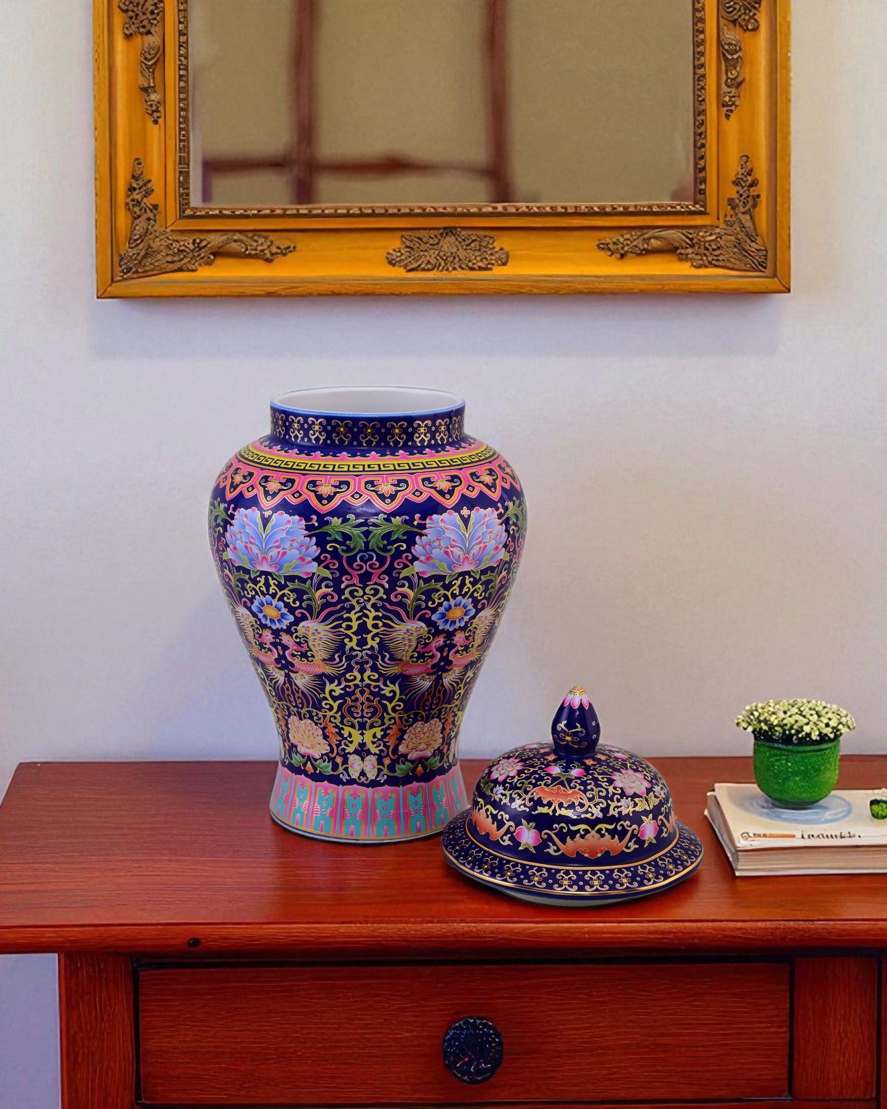 Cloisonné phoenix Temple Jar With Lid - Blue - 39cm