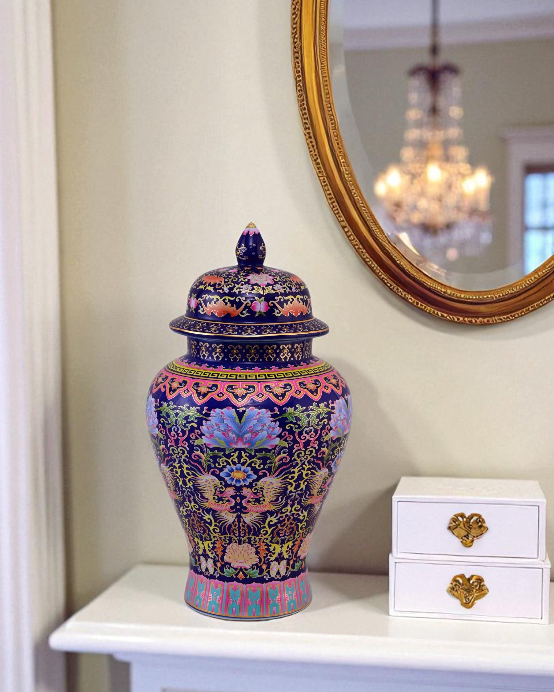 Cloisonné phoenix Temple Jar With Lid - Blue - 39cm
