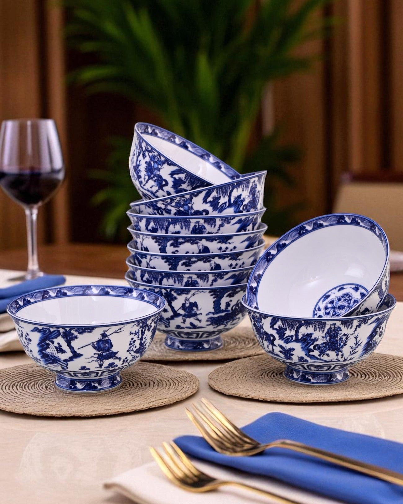 Blue & White Footed Ceramic Katori - Set Of 6