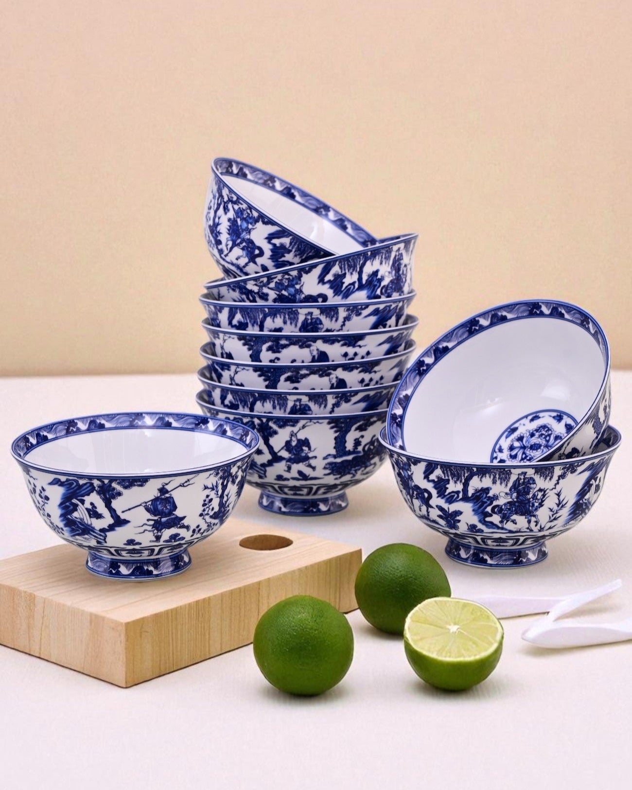 Blue & White Footed Ceramic Katori - Set Of 6