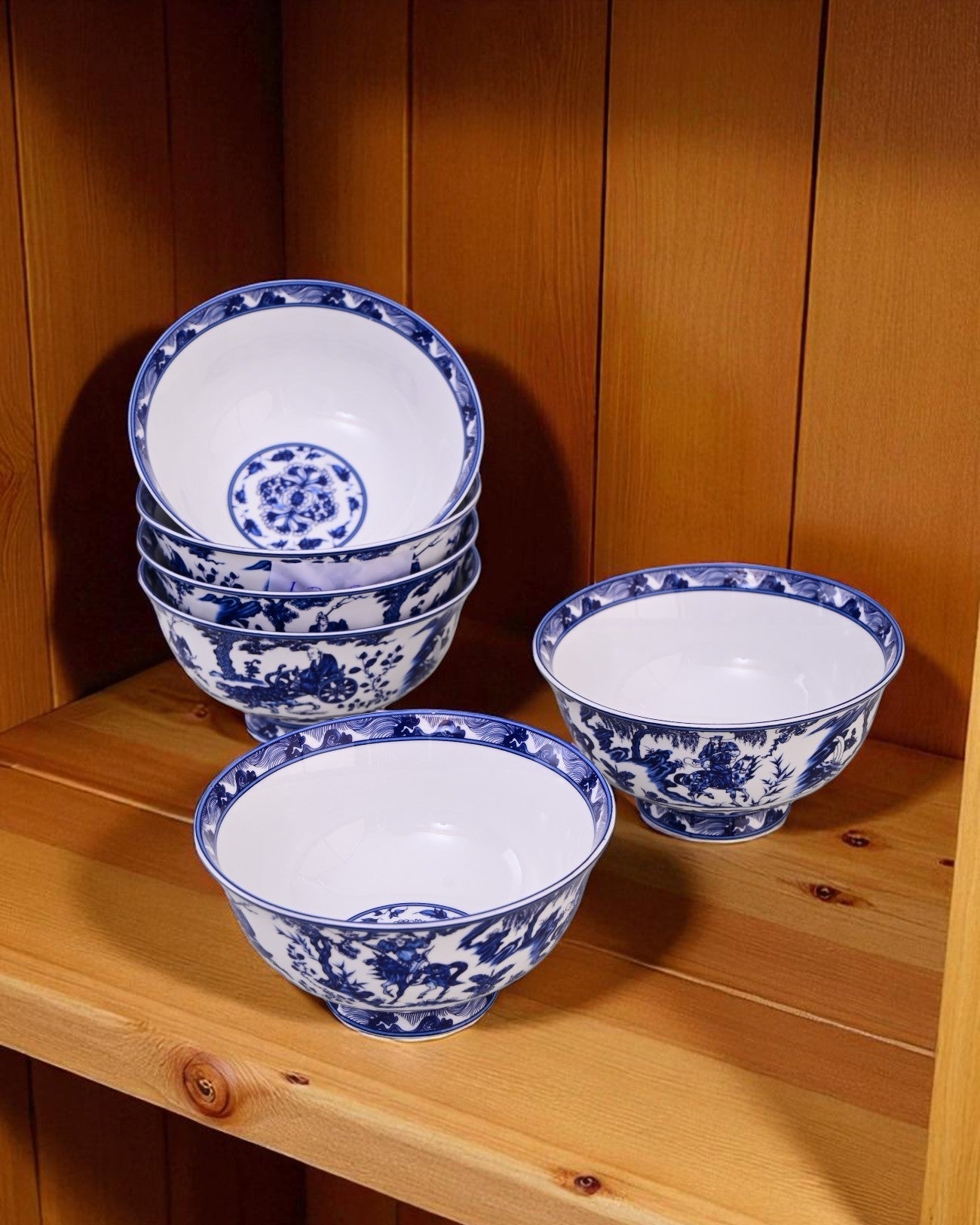 Blue & White Footed Ceramic Katori - Set Of 6