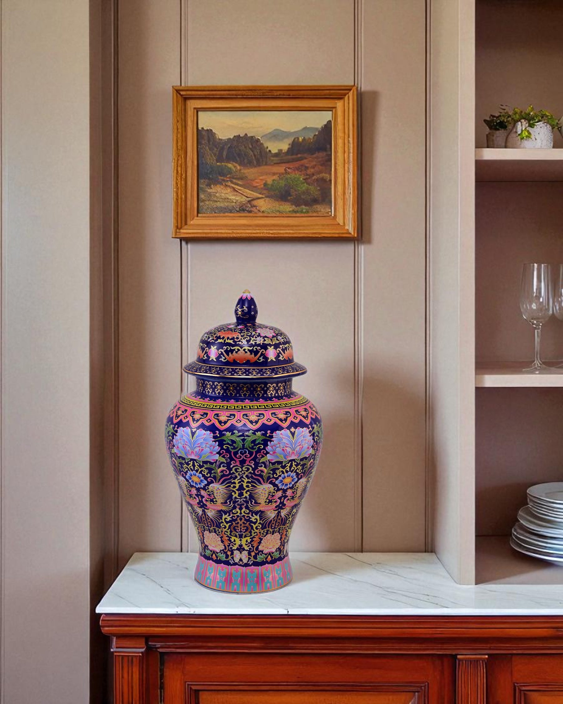 Cloisonné phoenix Temple Jar With Lid - Blue - 39cm