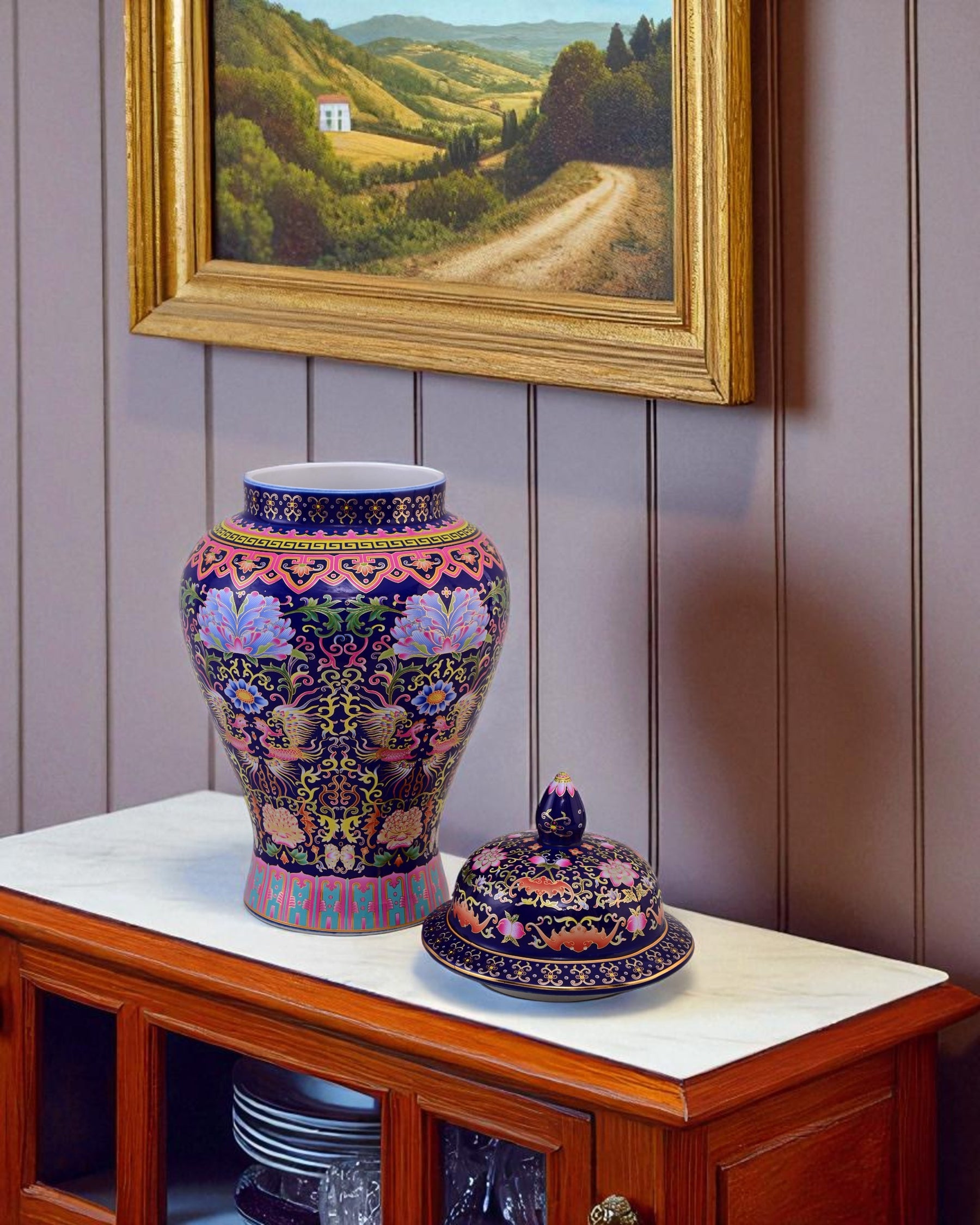 Cloisonné phoenix Temple Jar With Lid - Blue - 39cm