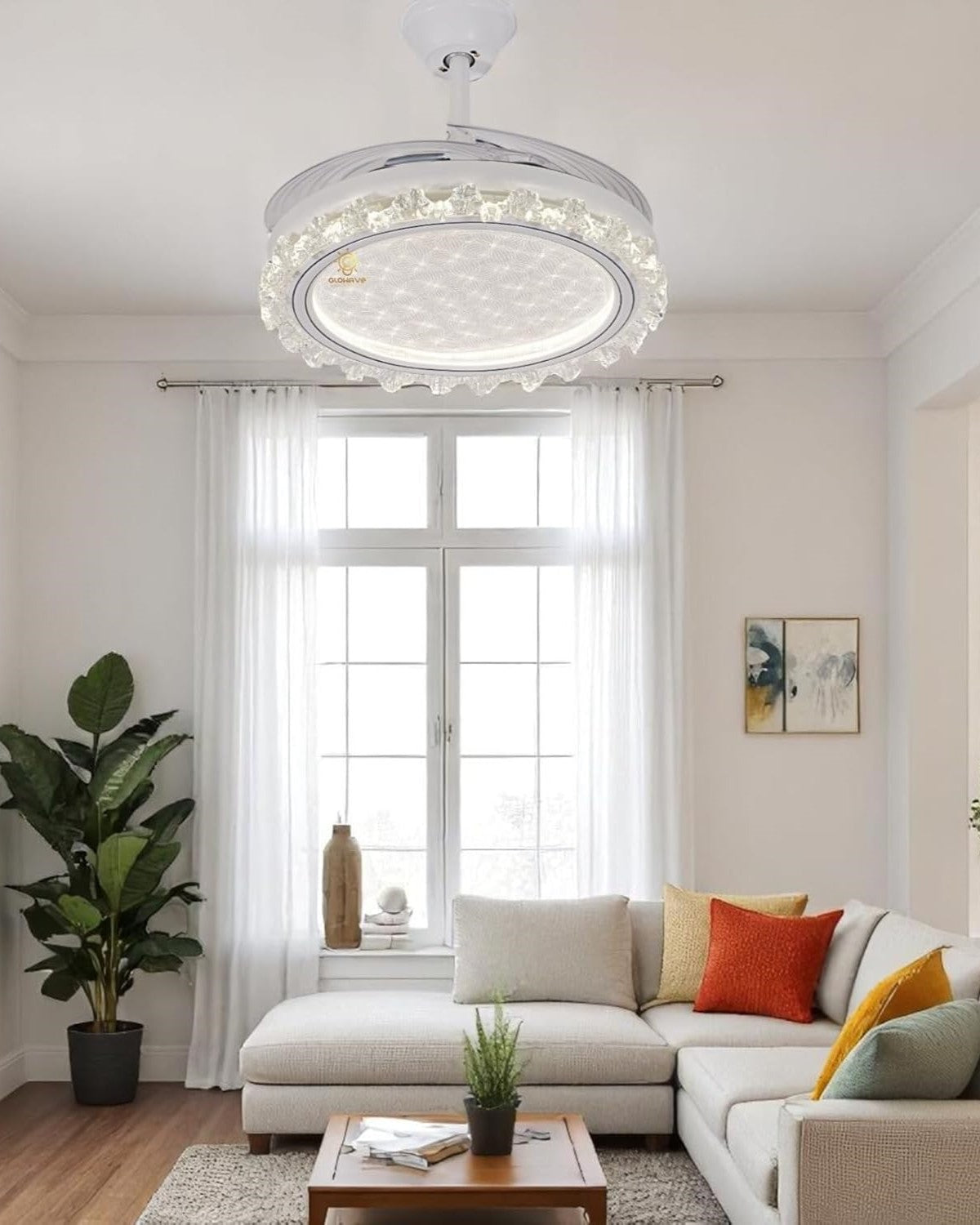 Crystal Crown Retractable Blade LED Fan Chandelier