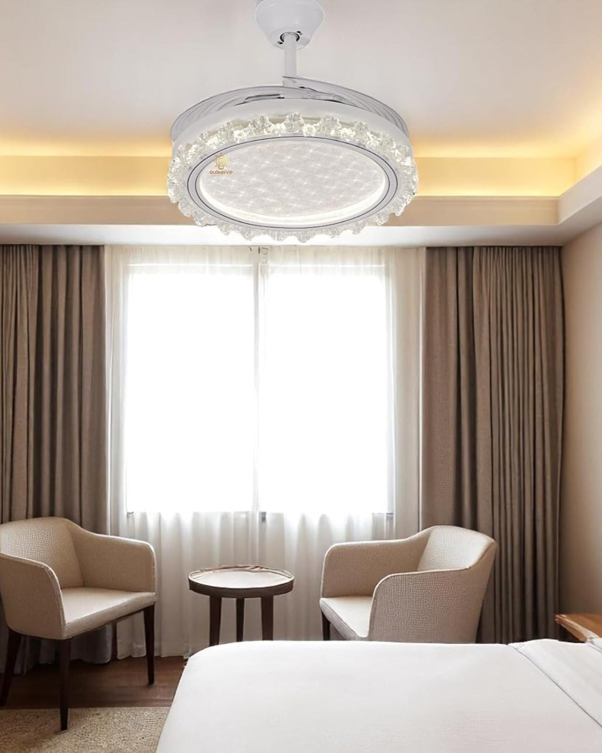 Crystal Crown Retractable Blade LED Fan Chandelier