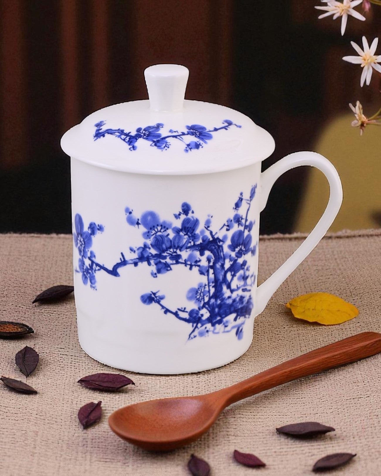 Blue Blossom Bone China Mug with Lid