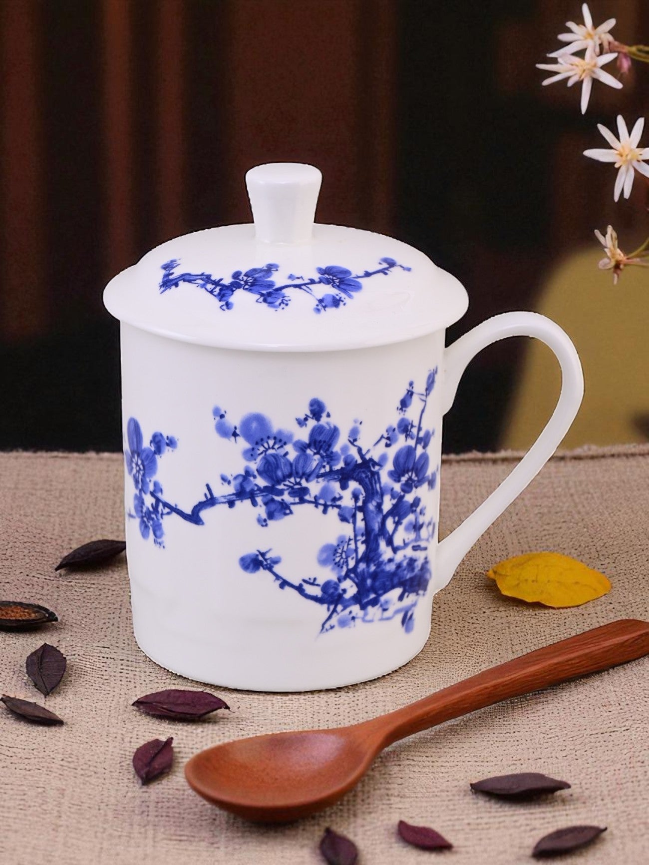 Blue Blossom Ceramic Mug with Lid