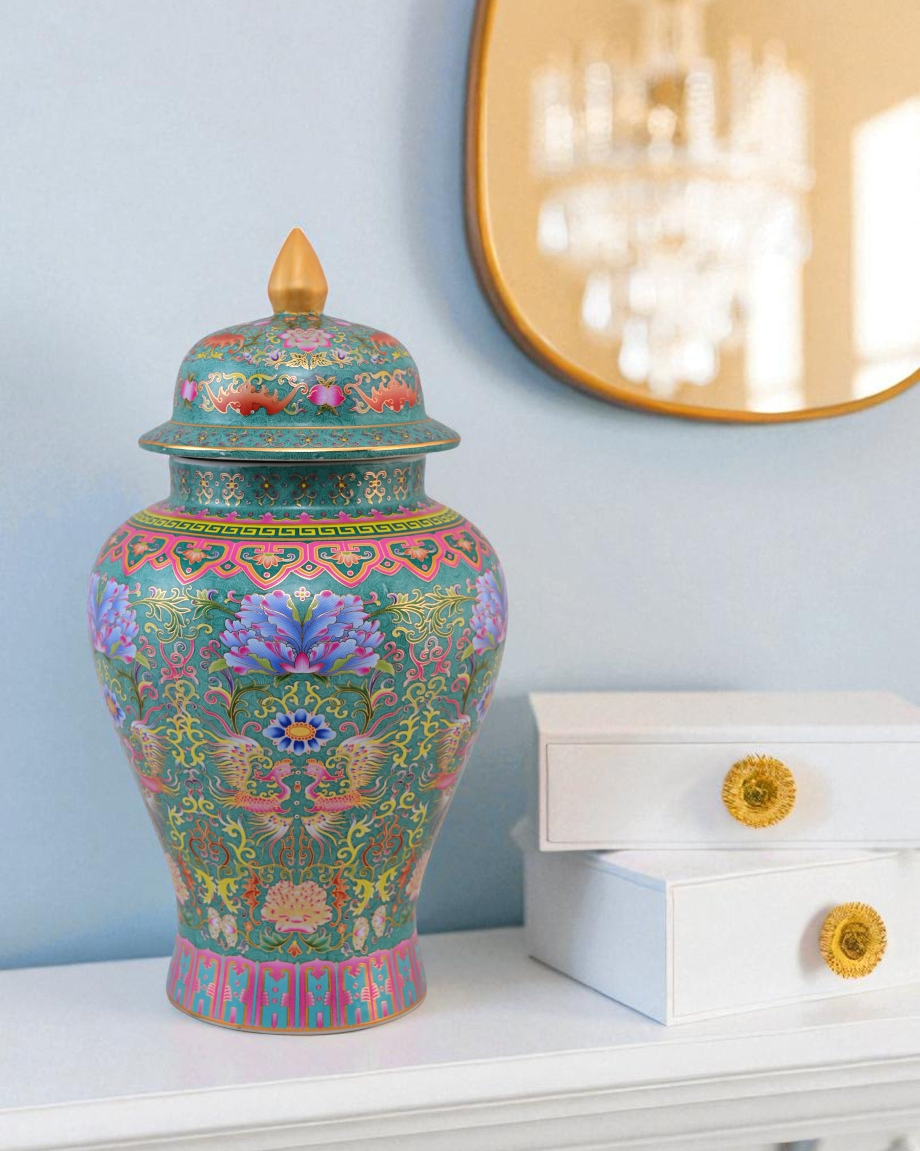 Cloisonné phoenix Temple Jar With Lid - Green - 39cm