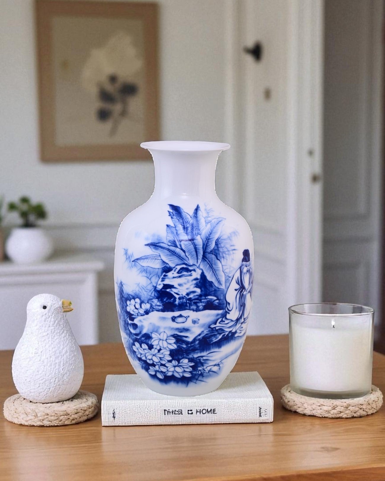 Elderly Wise Man Blue & White Bone China Vase