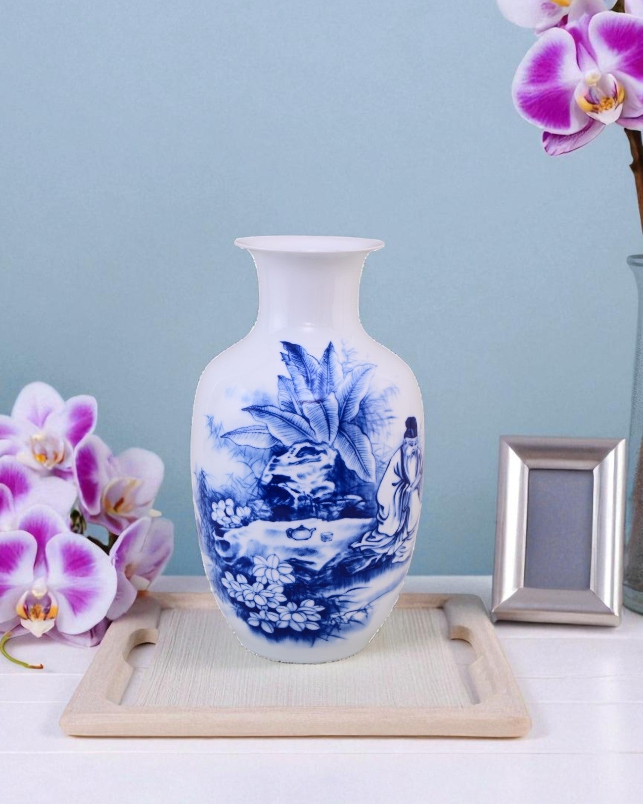 Elderly Wise Man Blue & White Bone China Vase