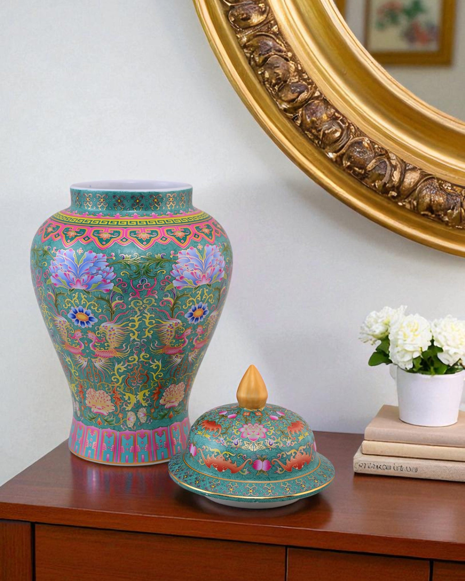 Cloisonné phoenix Temple Jar With Lid - Green - 39cm