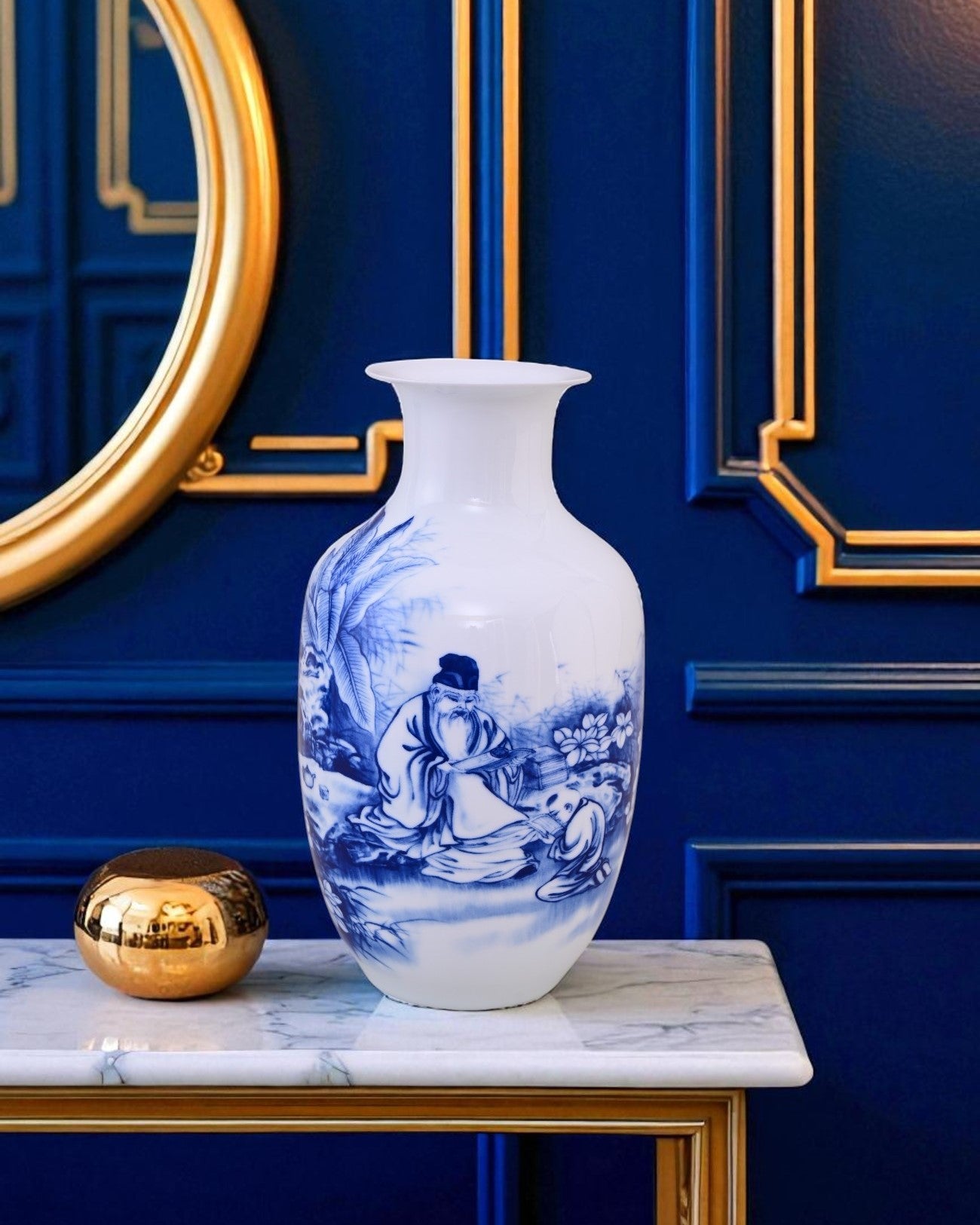 Elderly Wise Man Blue & White Bone China Vase